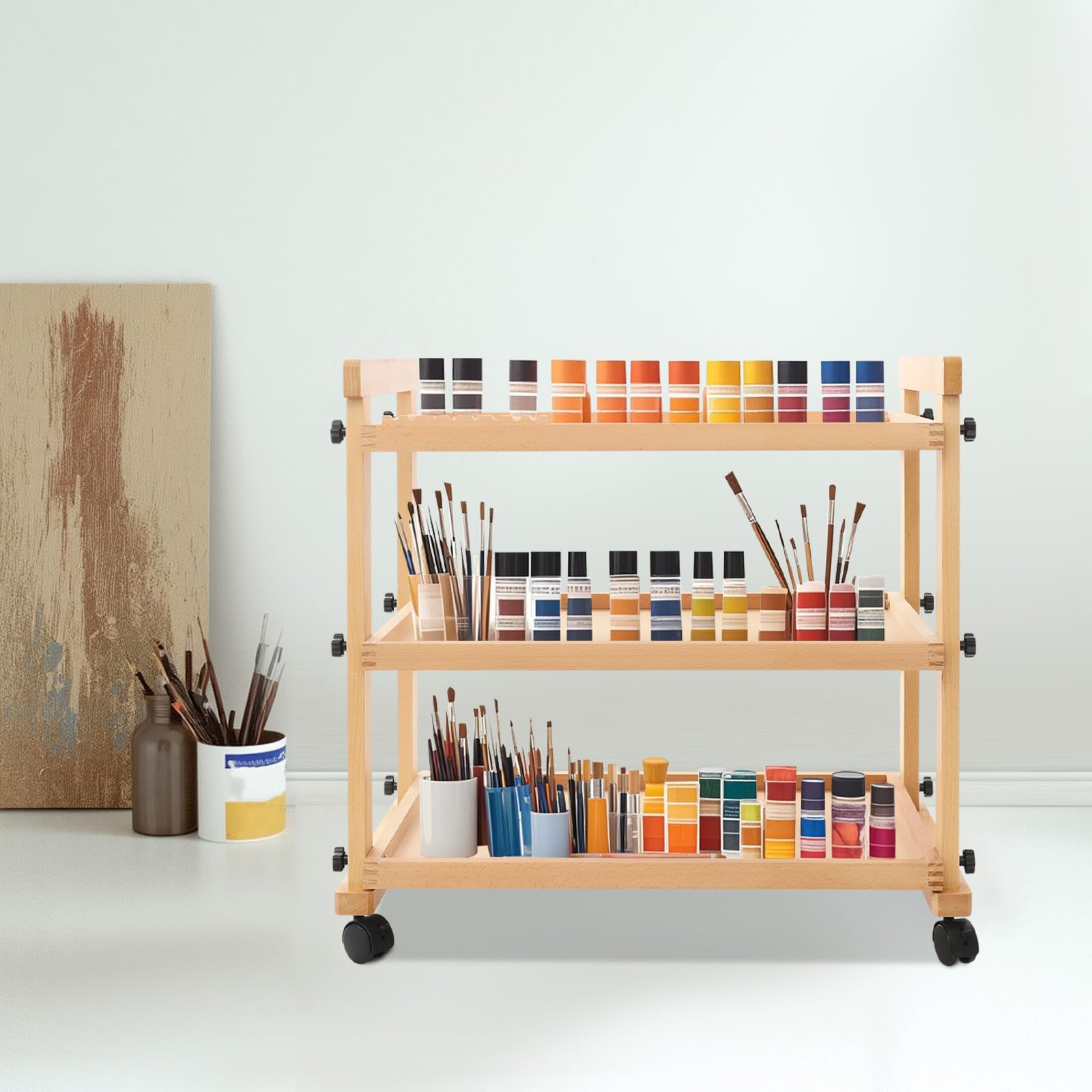 Carrito de madera para arte, estante de madera, ruedas de madera, estudio de arte, 3 pisos, 15 kg, almacenamiento para escuela, oficina, pintura, organización, móvil (B)