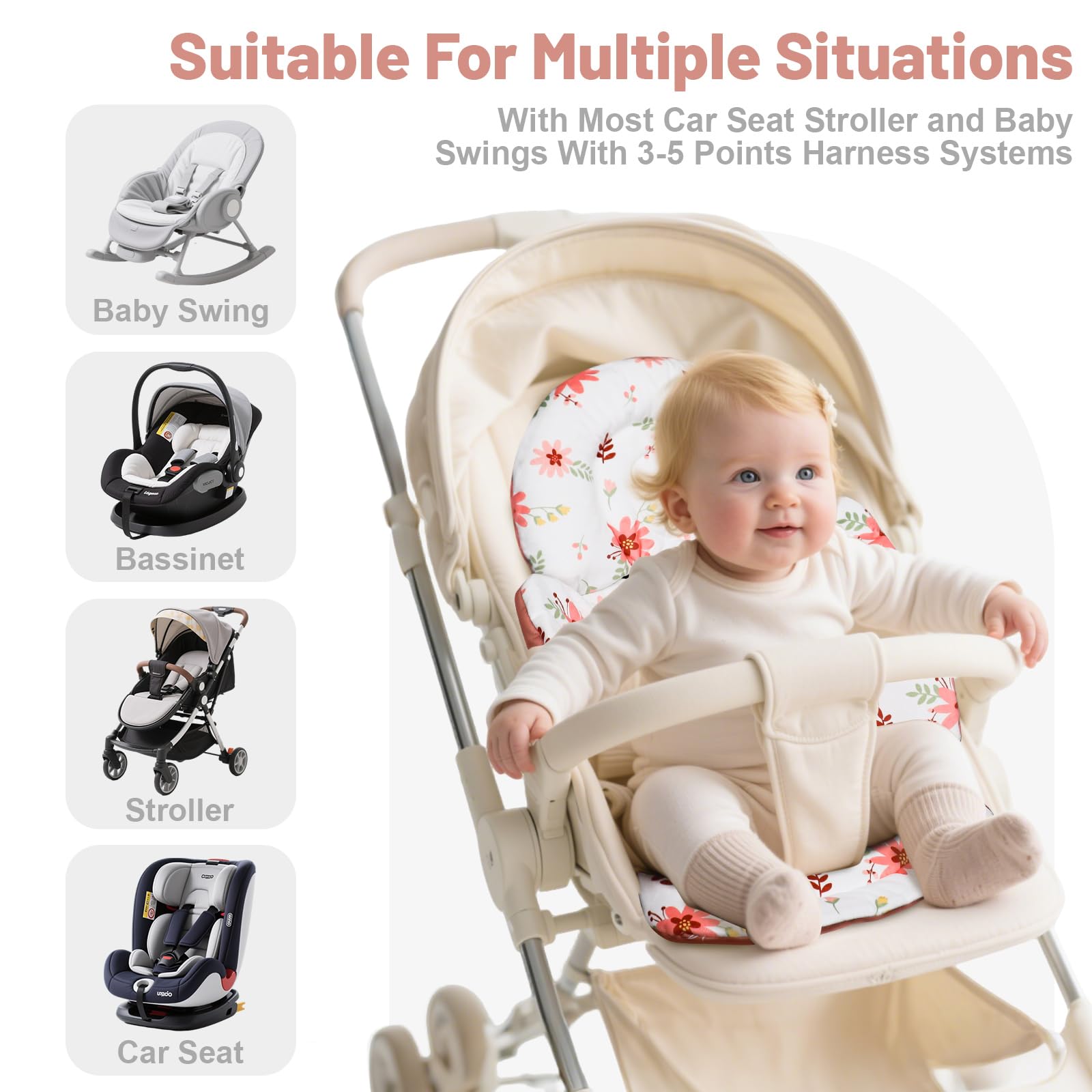 KAKIBLIN Insert pour bébé compatible avec 4moms Mamaroo Swing Graco Swing et siège auto, insert de siège auto pour nouveau-né filles garçons, design réversible respirant soutien de la tête et du corps