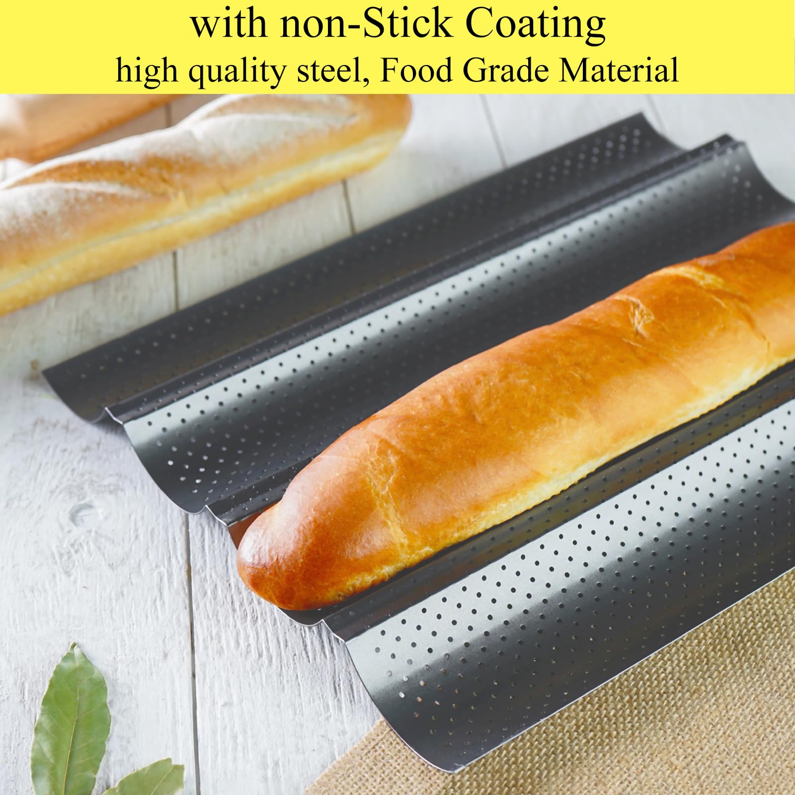 WOPPLXY juego de 3 moldes para baguettes con revestimiento antiadherente, bandeja para baguettes de 38 x 32 cm, bandeja negra para 4 baguettes