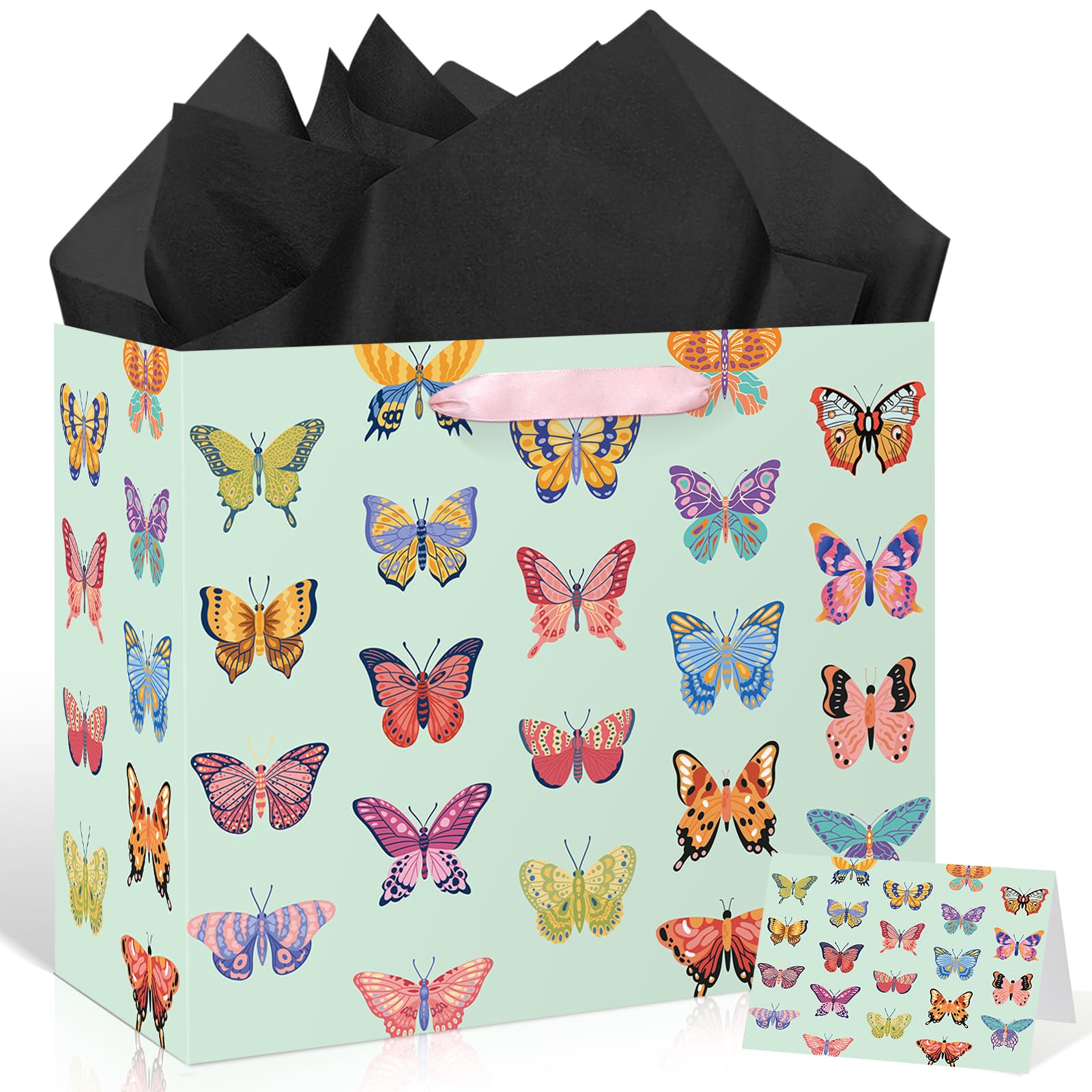 Butterfly Gift Bags for Girls Women Mint Green Butterfly Birthday Gift Wrap Bags with Handle Tissue Papers Greeting Card for Baby Shower Spring Easter Wedding Party Favors Goodie Wrapping Bag Supplies