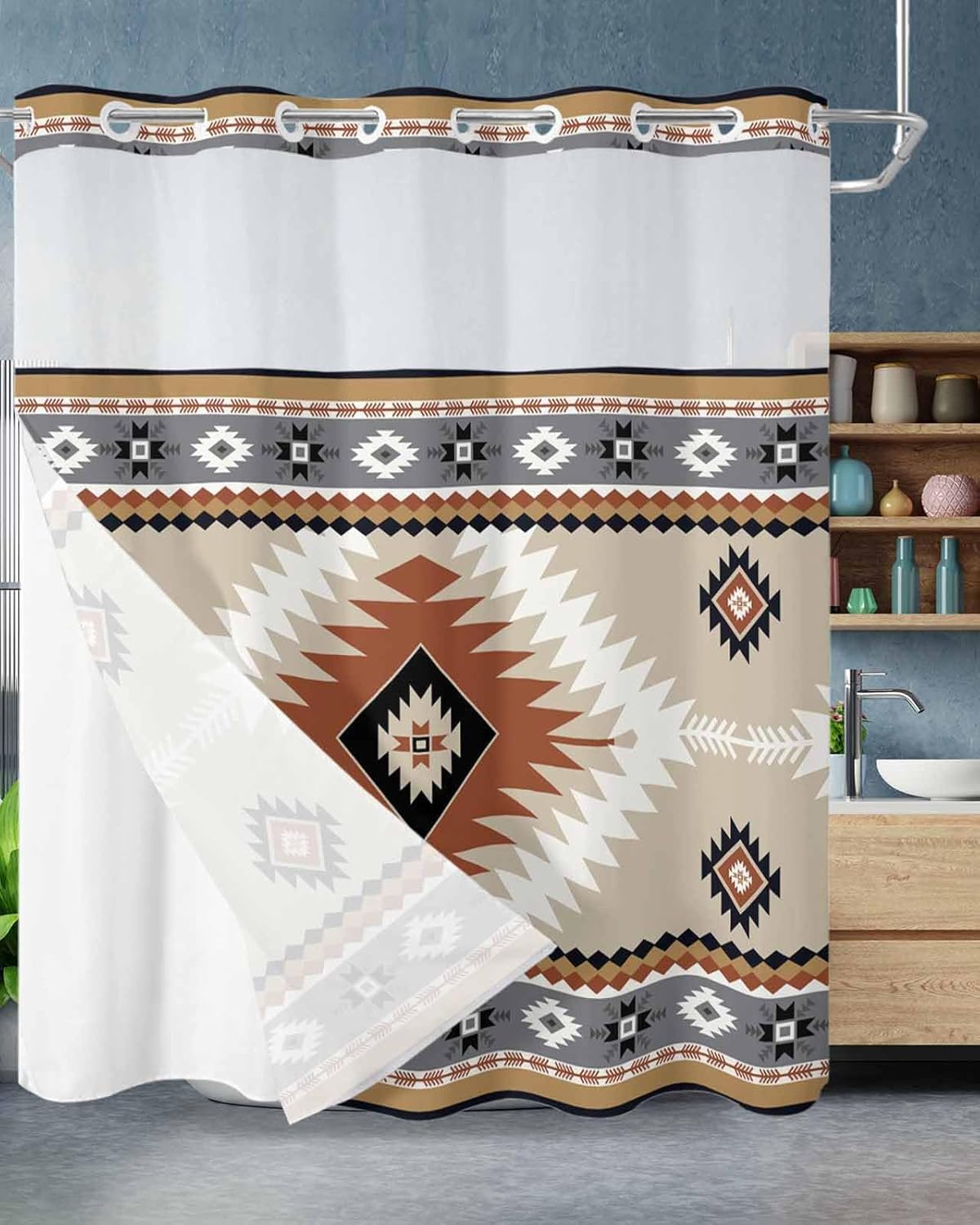 Aztec Shower Curtain, No Hook Shower Curtain with Snap in Liner, Bohemian Ethnic Style Grey Reddish Brown Shower Curtains for Bathroom with See Through Top Window, Waterproof & Washable, 72x72 Inch