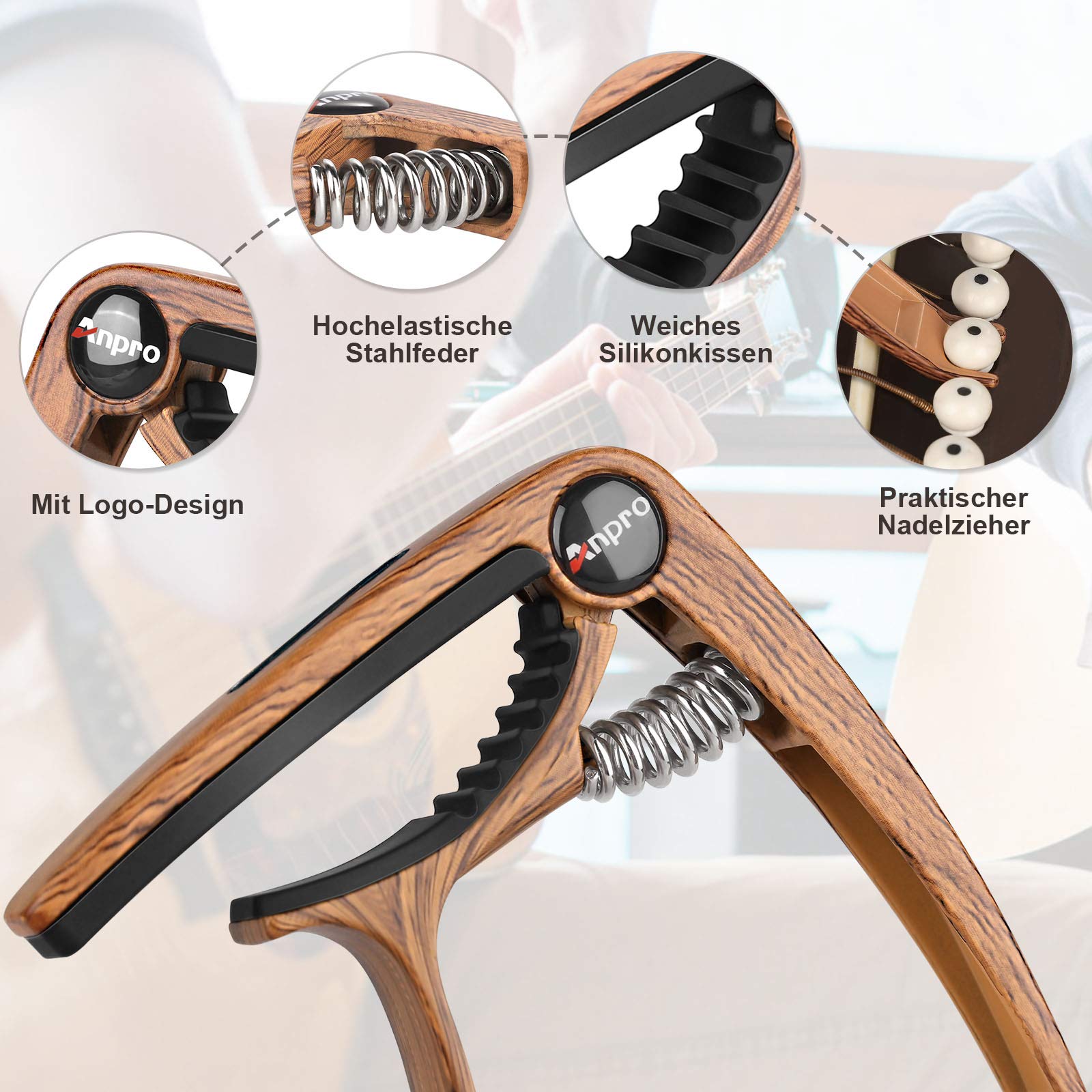 Anpro Gitara Kapodaster Guitar Capo Guitar Capo z 6 kostkami do gitary akustycznej i elektrycznej, ukulele, mandoliny i banjo, kolor drewna