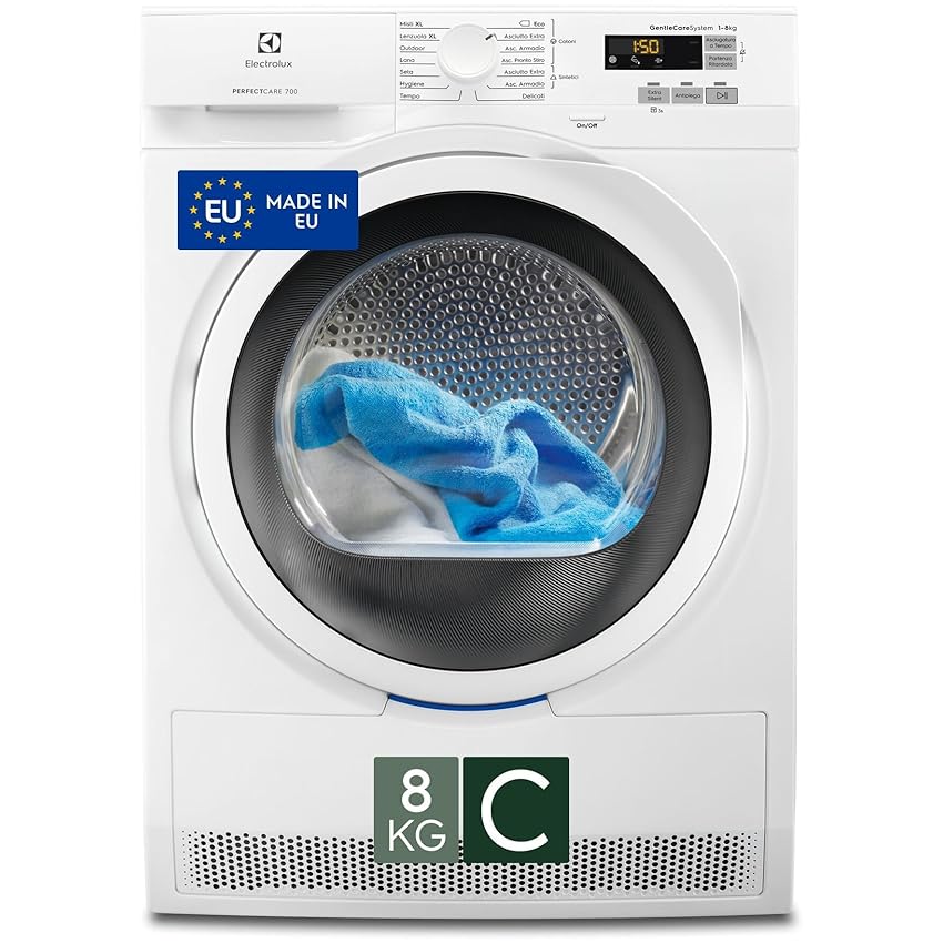 Electrolux Serie 700 DelicateCare, Asciugatrice a Pompa di Calore, 8 kg, EW7H583W, Classe C, 14 Programmi, Tecnologia SensiCare, Motore Inverter, Filtro Easy Flow, 67 dB, 850x596x636 mm