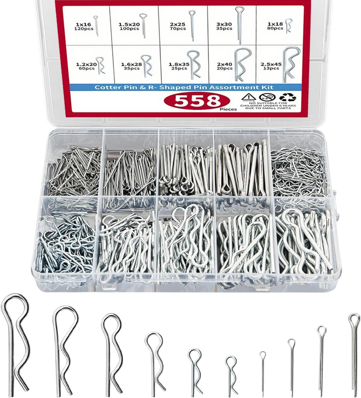 558 Pcs Cotter Pin Assortment Kit, 10 Sizes 304 Stainless Steel R Clips Hardware Pins & Hairpin Cotter Pins Set, Spring Fasteners Hitch Pin for Trailer Locking, Trailer Clamps, Lawn Mowers