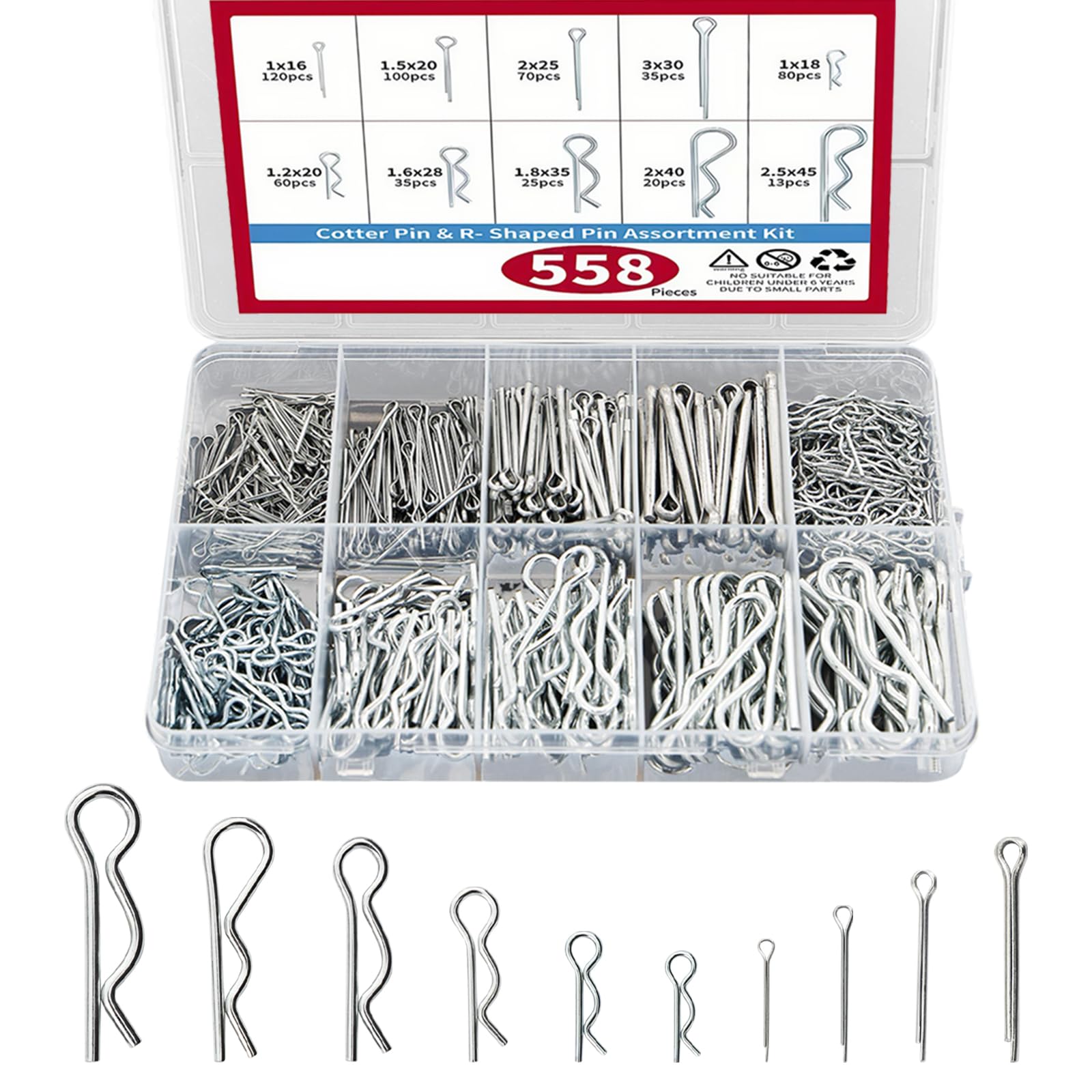 558 Pcs Cotter Pin Assortment Kit, 10 Sizes 304 Stainless Steel R Clips Hardware Pins & Hairpin Cotter Pins Set, Spring Fasteners Hitch Pin for Trailer Locking, Trailer Clamps, Lawn Mowers