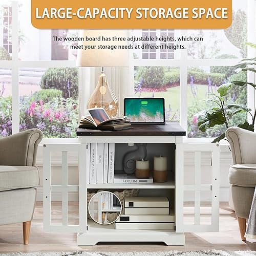 Miniatura 4 de Mesa auxiliar de granja con estación de carga, mesa auxiliar grande de sofá de 24 pulgadas con puerta de granero de cristal, mesita de noche de