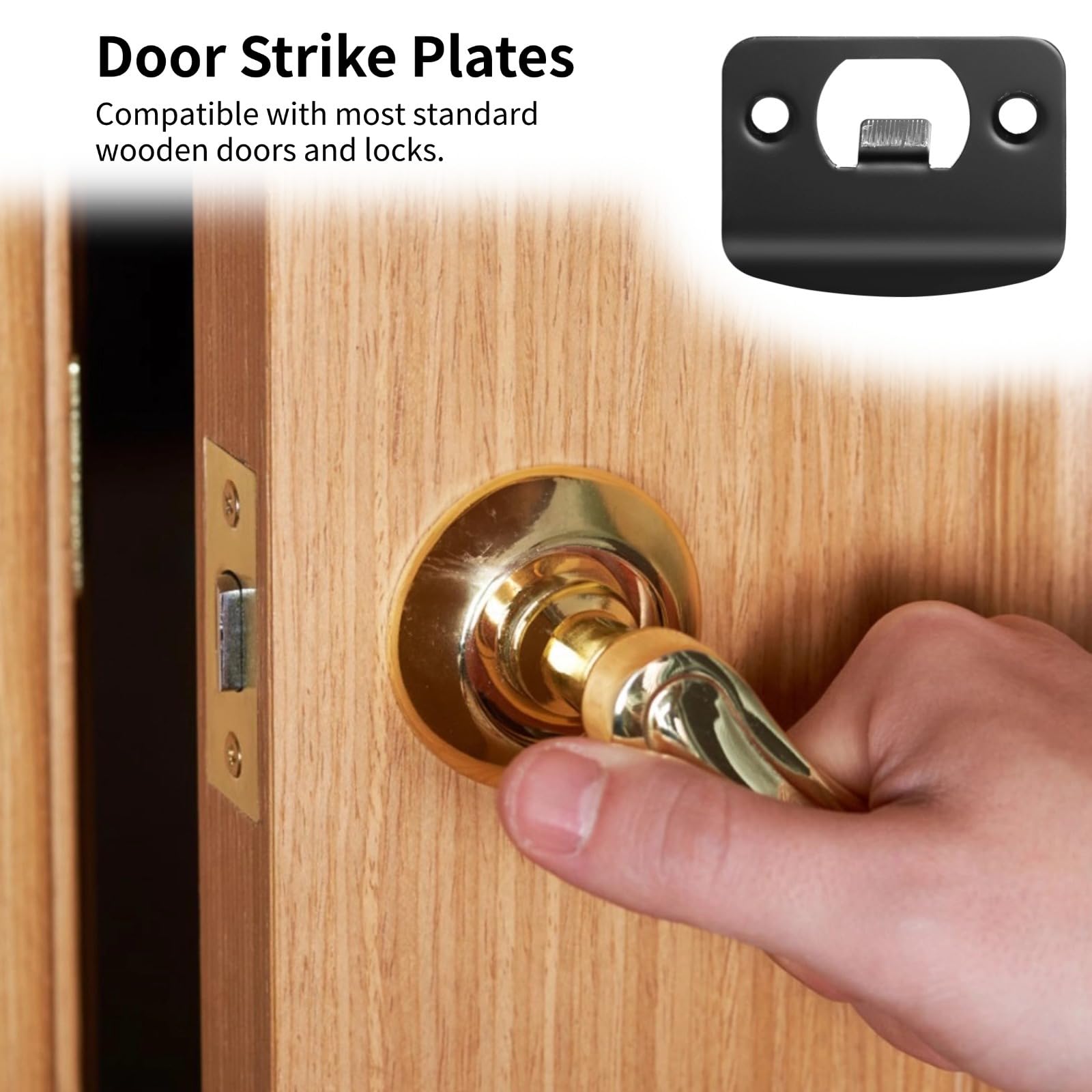 Lot de 12 plaques de gâche de porte en acier inoxydable, pour pêne dormant, coin rond à rebord complet, kit de renfort noir, compatibles avec la plupart des portes en bois et serrures standard