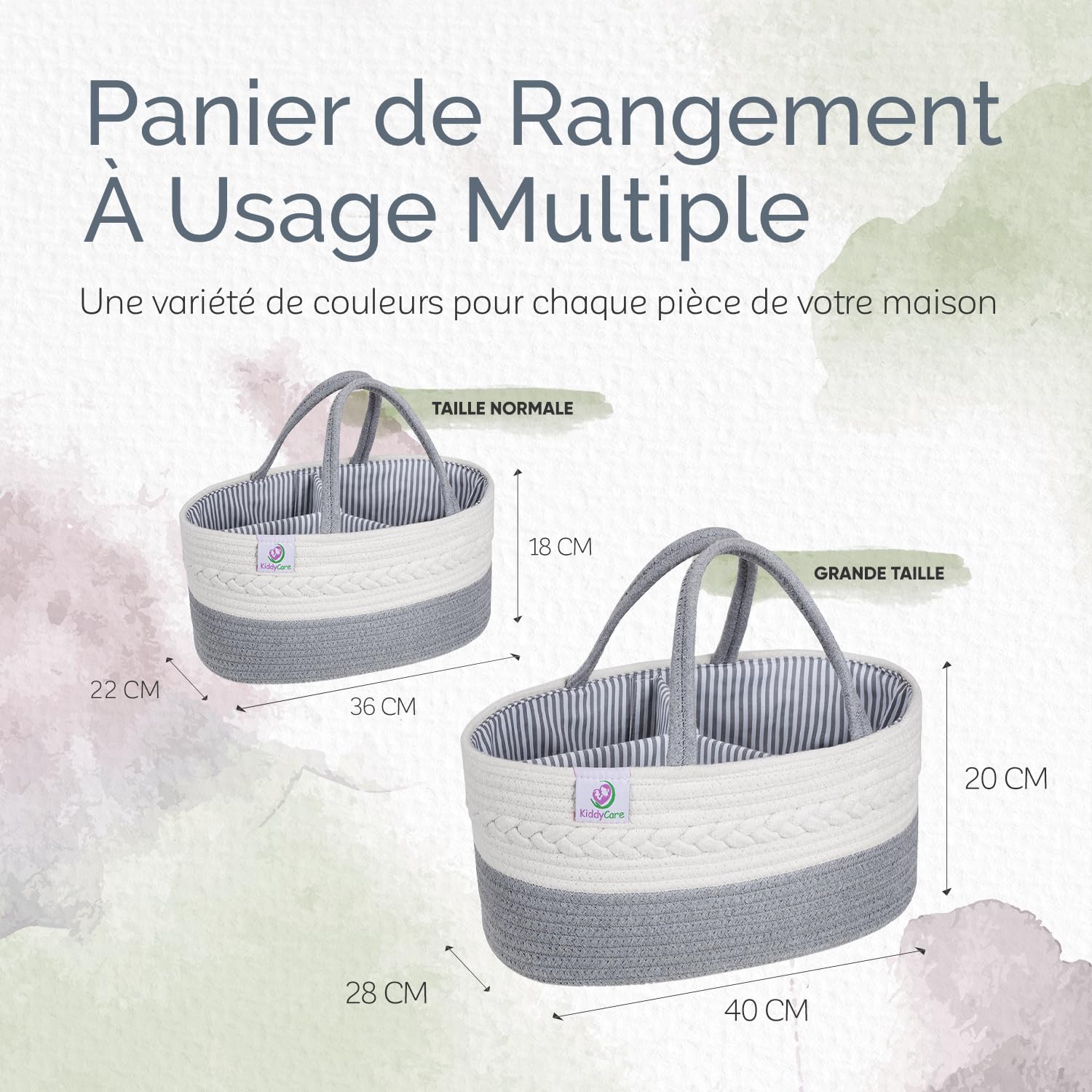 KiddyCare - Distributeurs de Couches et Range-Couches Polyvalent en Toile 100% Coton et Corde Tissée, 3 Compartiments Amovibles, Idéal Pour vos Déplacements, Cadeau Babyshower [Gris, Taille Normale]