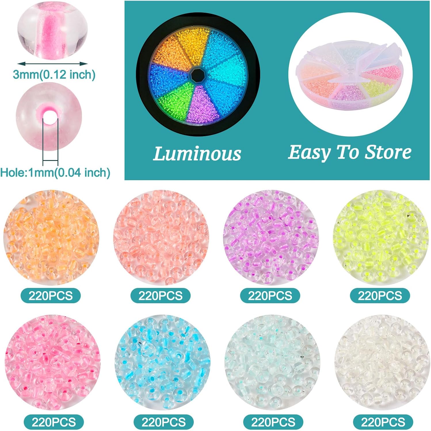 Beadthoven 1760pcs Luminous Glass Seed Beads, Assorted Glow in The Dark 8/0 Round Pastel Colorful Glowing Mini Solar Beads for DIY Jewelry Making - Image 2