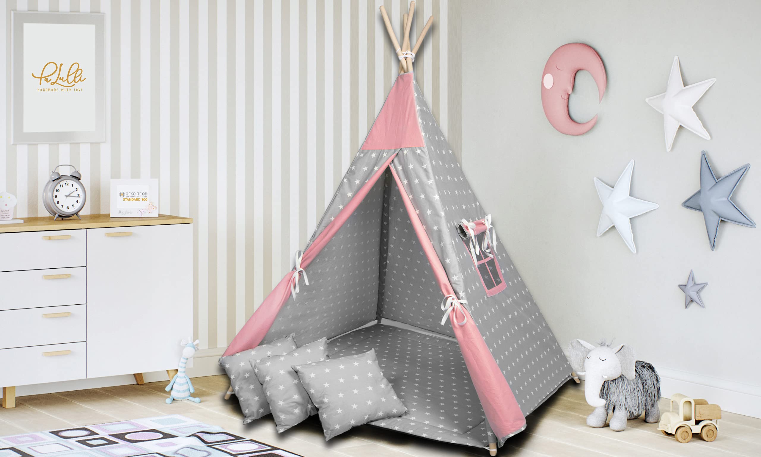 PaLulli Tipi Spielzelt für Kinder mit Matte & Anti-Kollaps-System & 3 Dekokissen Baumwolle- Segeltuch Kinderzelt (Stars Pink)