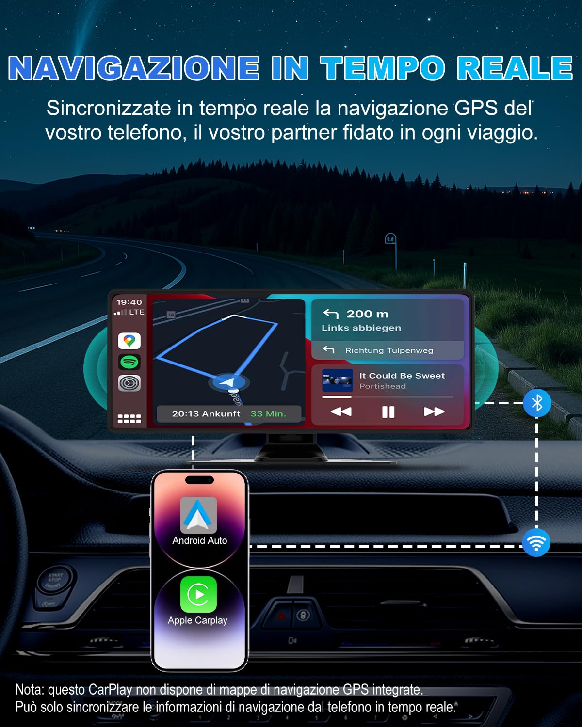 Carplay Auto, 10.26" Android Auto Wireless, Autoradio Bluetooth con Schermo con 1080P Telecamera Posteriore e Anteriore, Navigazione GPS, Audio Premium, Comando Vocale, Accendisigaro a Doppia Porta