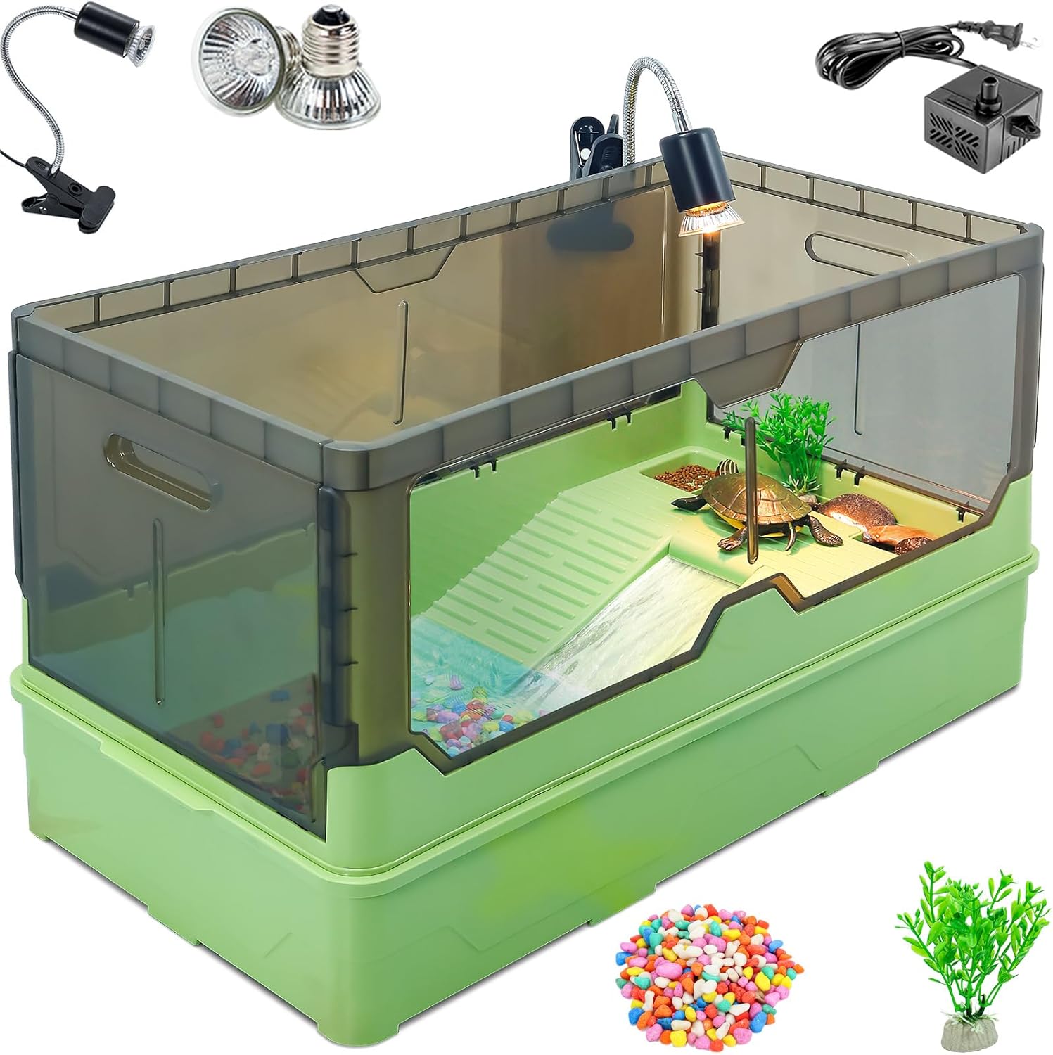 Turtle Habitat Tank Kit– Fresh Filtration, Waterplay Fun, Diverse Living, Heat Lamp, Water Pump and Convenient Water Changes in Turtle Tanks Habitat Kits Turtle cage (Green, X-Large) X-Large Green
