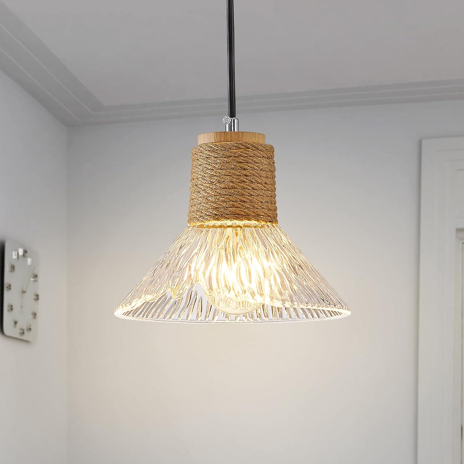 Pendant Light with Clear Striped Glass Lampshade, Boho Hemp Rope Woven Vintage Chandelier, Adjustable Height Hanging Island Light for Dining Room Living Room Hallway