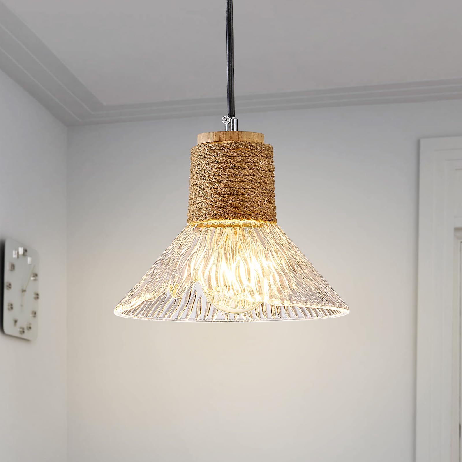 Pendant Light with Clear Striped Glass Lampshade, Boho Hemp Rope Woven Vintage Chandelier, Adjustable Height Hanging Island Light for Dining Room Living Room Hallway