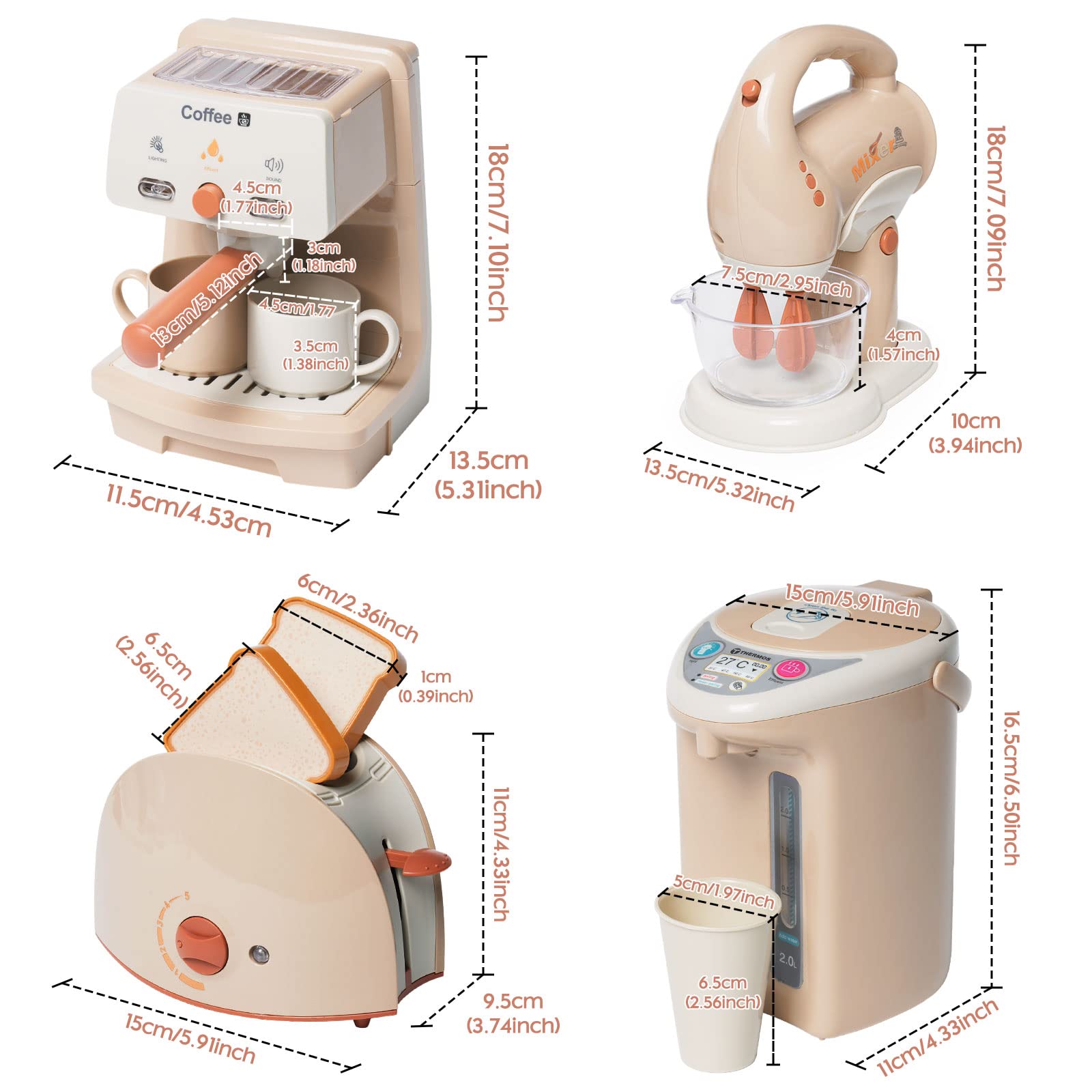 Kinderküche Spielset- Küche Rollenspiel Set mit Kaffeemaschine:Espressomaschine Wasserspender Rührgerät, Toaste: Geschirr Küchen Frühstücksset Frühstücksset für Kinder 3+