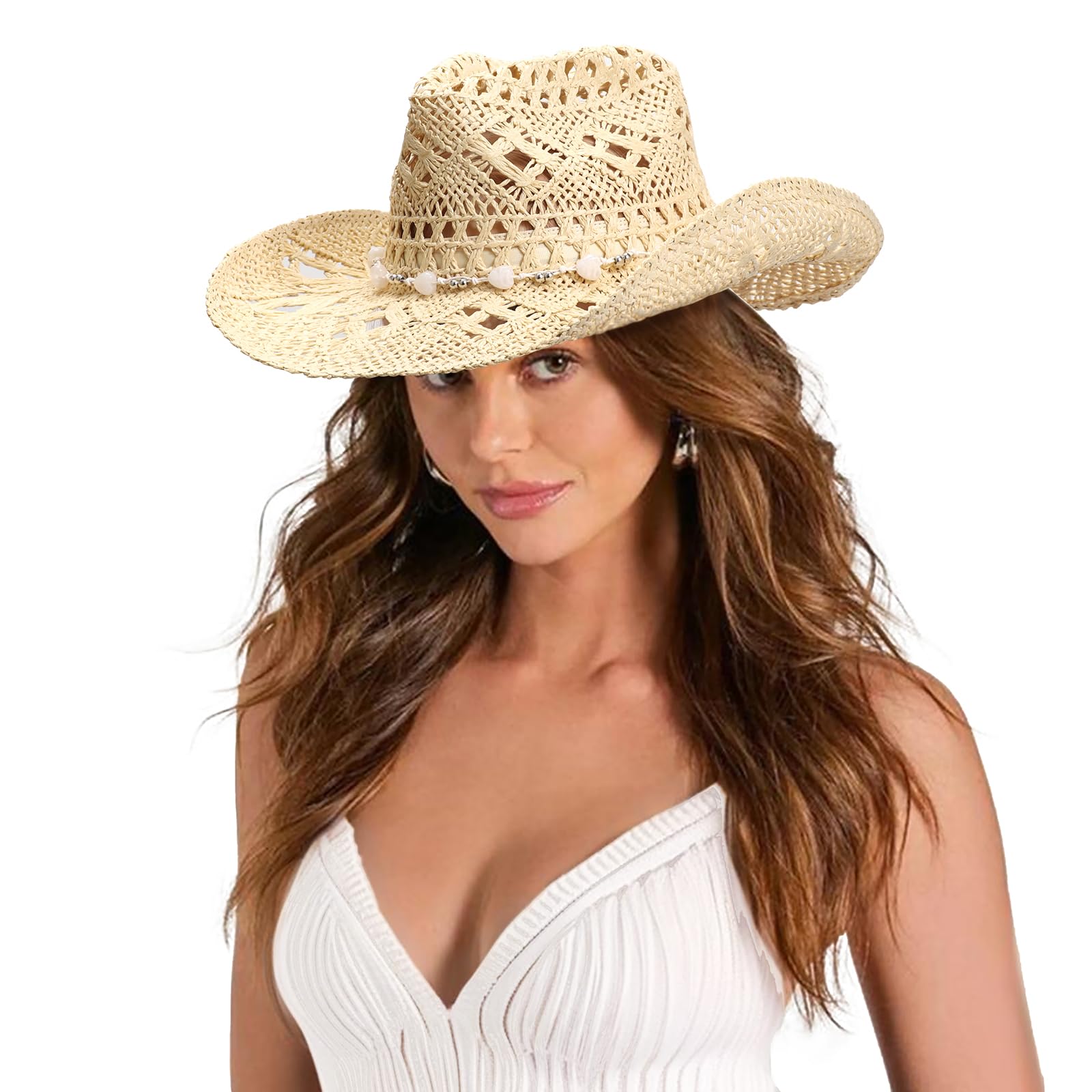 AQOKKA Straw Cowboy Hats for Women Men Western Cowgirl Hats with Shapeable Brim Woven Hollow Out Unisex Beach Roll Up Caps