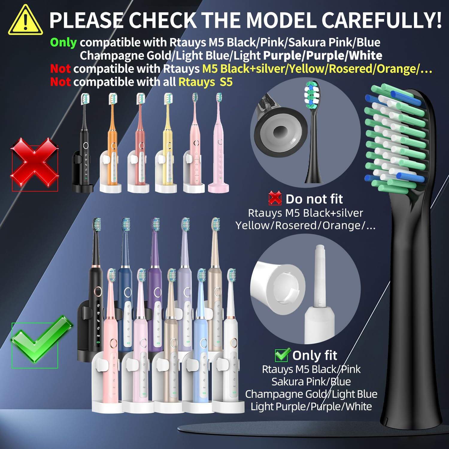 10 cabezales de repuesto para cepillo de dientes compatibles con Rtauys M5 (negro)