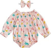 Vista 55 de Traje de bebé recién nacido, lindo mameluco de manga larga fruncido, cómodo traje de bebé niña Naranja