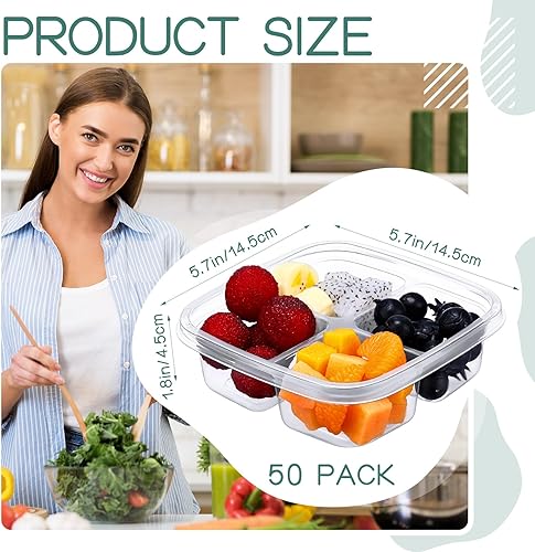 Miniatura 4 de Dandat 50 cajas Bento de plástico transparente, 4 compartimentos, reutilizables, contenedores de alimentos a prueba de fugas, caja Bento con tapas