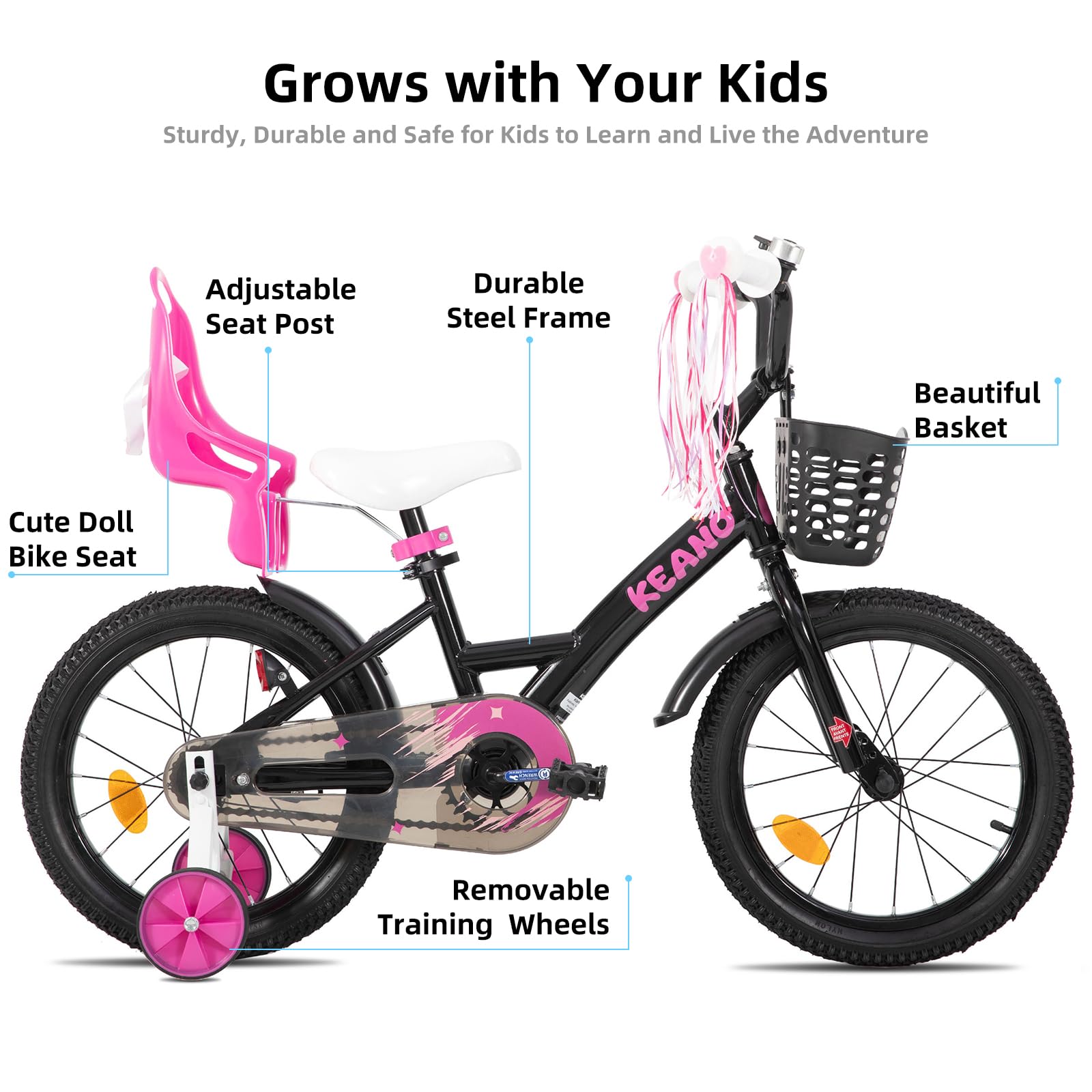 JOYSTAR Zinnia 16 Zoll Kinderfahrrad für Mädchen von 4-7 Jahren, 16 Zoll Mädchenfahrrad mit Stützrädern & Baket & Luftschlangen,Schwarz