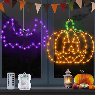 Halloween Window Decorations Lights 2 Pack 12" Bat Pumpkin Halloween Lights Battery Operated with Timer, 8 Light Modes Halloween Window Silhouette Light for Window Door Yard Party Decor Indoor Outdoor