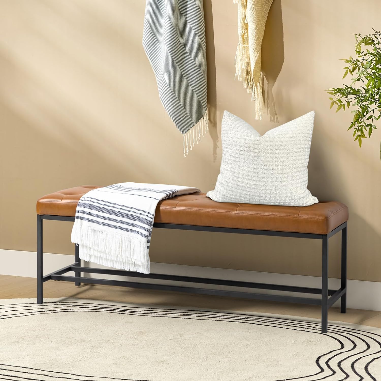 HULALA Home Faux Leather Ottoman Bench with Storage Shelf & Metal Legs, Modern Upholstered Bedroom Bench for End of Bed, Button-Tufted Dining Bench Footstool for Entryway Living Room, Camel