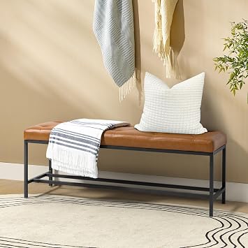 HULALA Home Faux Leather Ottoman Bench with Storage Shelf & Metal Legs, Modern Upholstered Bedroom Bench for End of Bed, Button-Tufted Dining Bench Footstool for Entryway Living Room, Camel