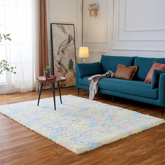 Evitany Ultra Soft Fluffy Area Rugs Anti-slip Plush Carpets High Pile Shaggy Tie-Dye Rugs for Living Room, Bedroom, Kids Room (Rainbow, 80x120 cm)