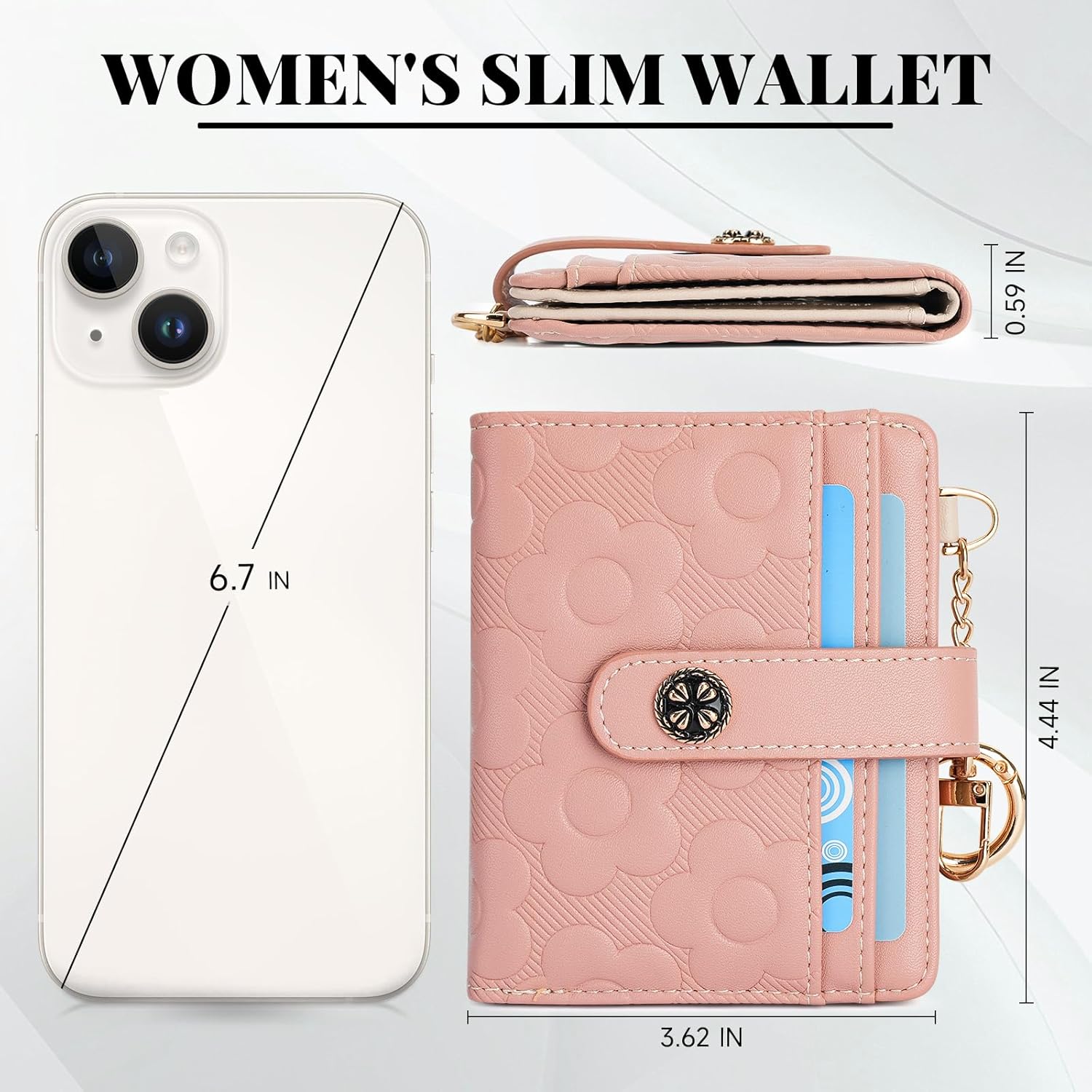RFID Wallet Women,Slim Small Wallets Embossed Flower Leather Bifold Compact Ladies Girls Wallet with Credit Card Holder Zipper Coin Pocket Pink - Image 6
