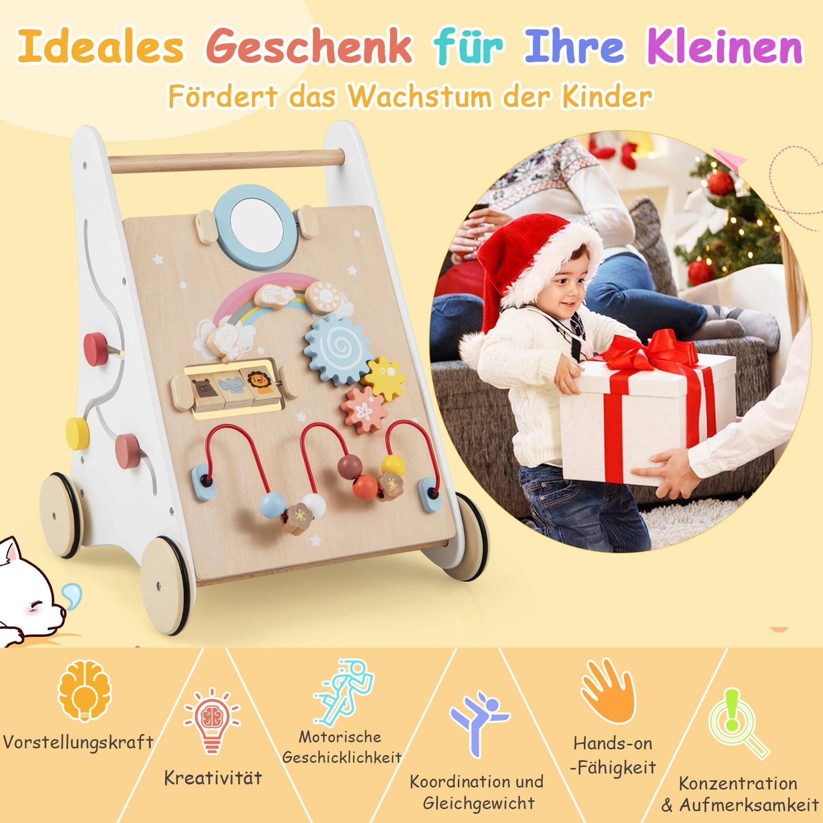 COSTWAY Lauflernhilfe aus Holz, 7 in 1 Lauflernwagen mit Spielbrett, Spiegel & Bauklötzen, Laufwagen zum Schieben mit Aufbewahrungsbox, Laufhilfe Baby ab 1 Jahr (Weiß + Natur)