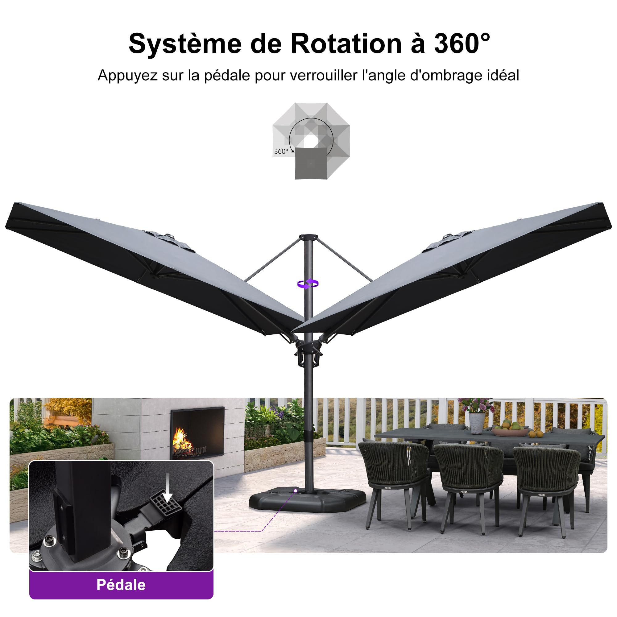 PURPLE LEAF Parasol Déporté 3 x 2 m Gris Inclinable avec Pied de Croix | Inclinaison bidirectionnelle, Surface d'ombre agrandie, Rotation à 360°, 5 niveaux d’inclinaison, Parasol de jardin extérieur