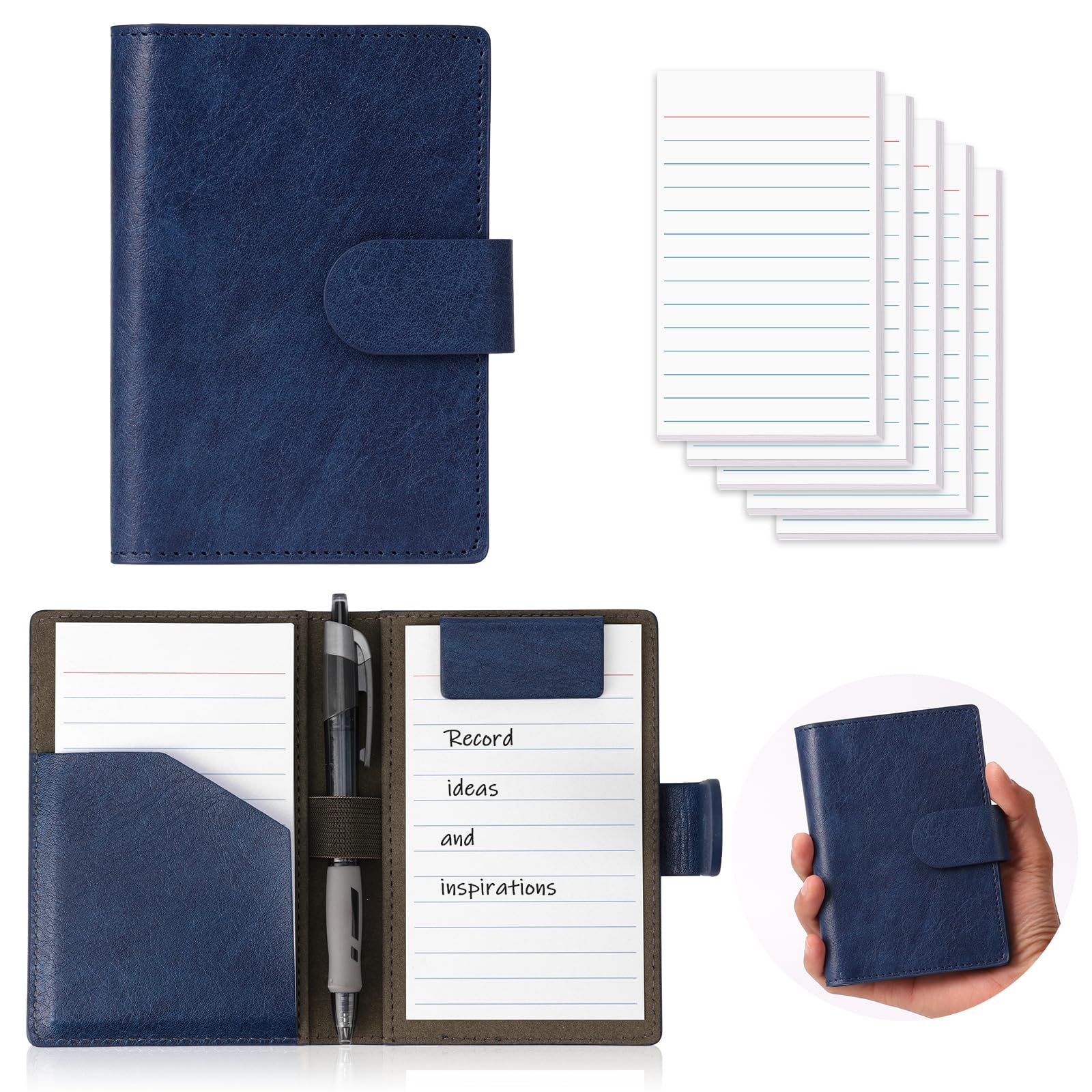 Blue Index Card Holder PU Leather 3x5 Note Card Holder Wallet Portable Pocket Notepad with Pen Holder Magnetic Index Card Case with Card Solt 20 Pcs