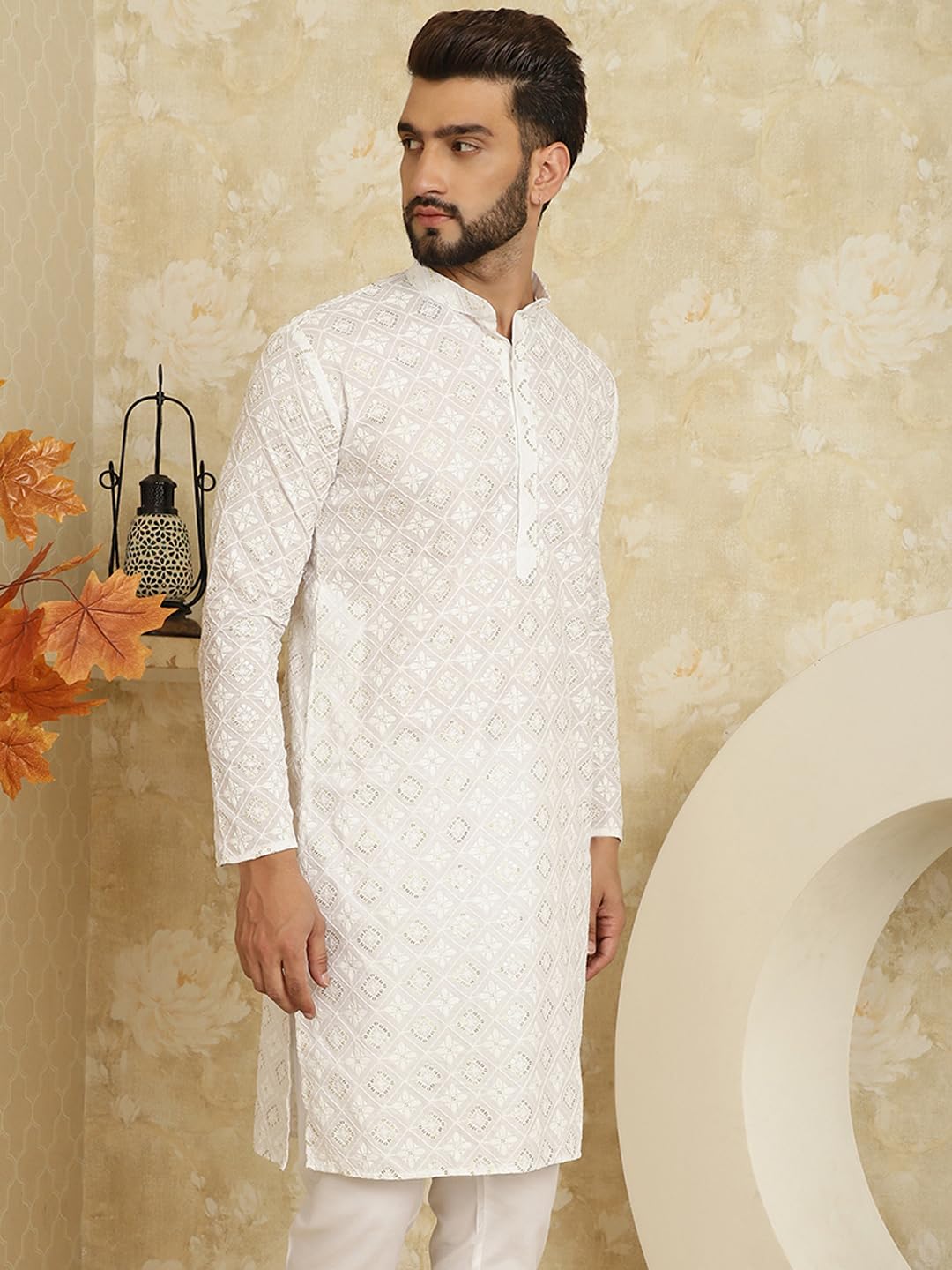 Sojanya (Since 1958 Men's Cotton Embroidered With Gold Seqence White Color Only Long KurtaSize-38