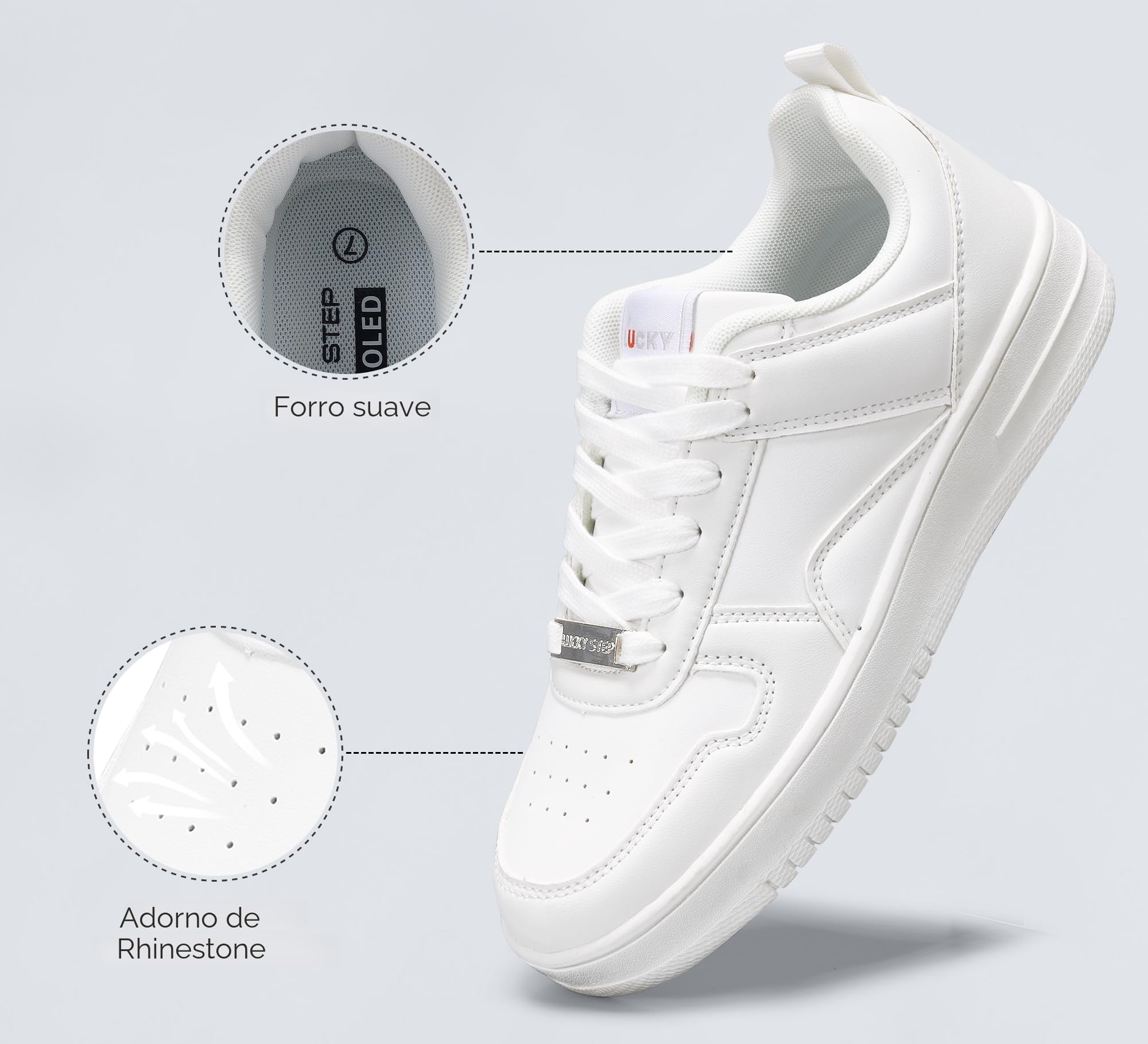 LUCKY STEP Zapatillas de Moda Mujer Tenis Blancos Bajos Cuero Pedrería Brillante Cómodas Caminar