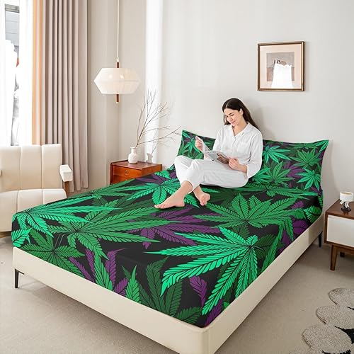 Miniatura 2 de Sábana bajera ajustable para niños con hojas de cannabis, tamaño matrimonial, juego de ropa de cama de hojas de marihuana, decoración de habitación