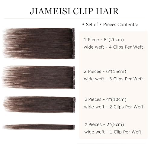 Miniatura 2 de Extensiones de cabello humano Remy real con clip, de 16 pulgadas, 2.47 oz (70 g), color marrón oscuro #2, 7 unidades, 16 clips, 7 unidades,