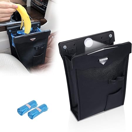 Amazon 車用ゴミ箱 車載ゴミ袋 Hopopro 車用収納ケース 小型 引っ掛け式 省スペース 車用マルチポーチ コンパクト 防水 磁気付き Pu製 Ledセンサーライト照明 シートバックポケット 小物入れ 折りたたみ式 助手席側 後部座席 2個ごみ袋付 車用ゴミ箱 車 バイク