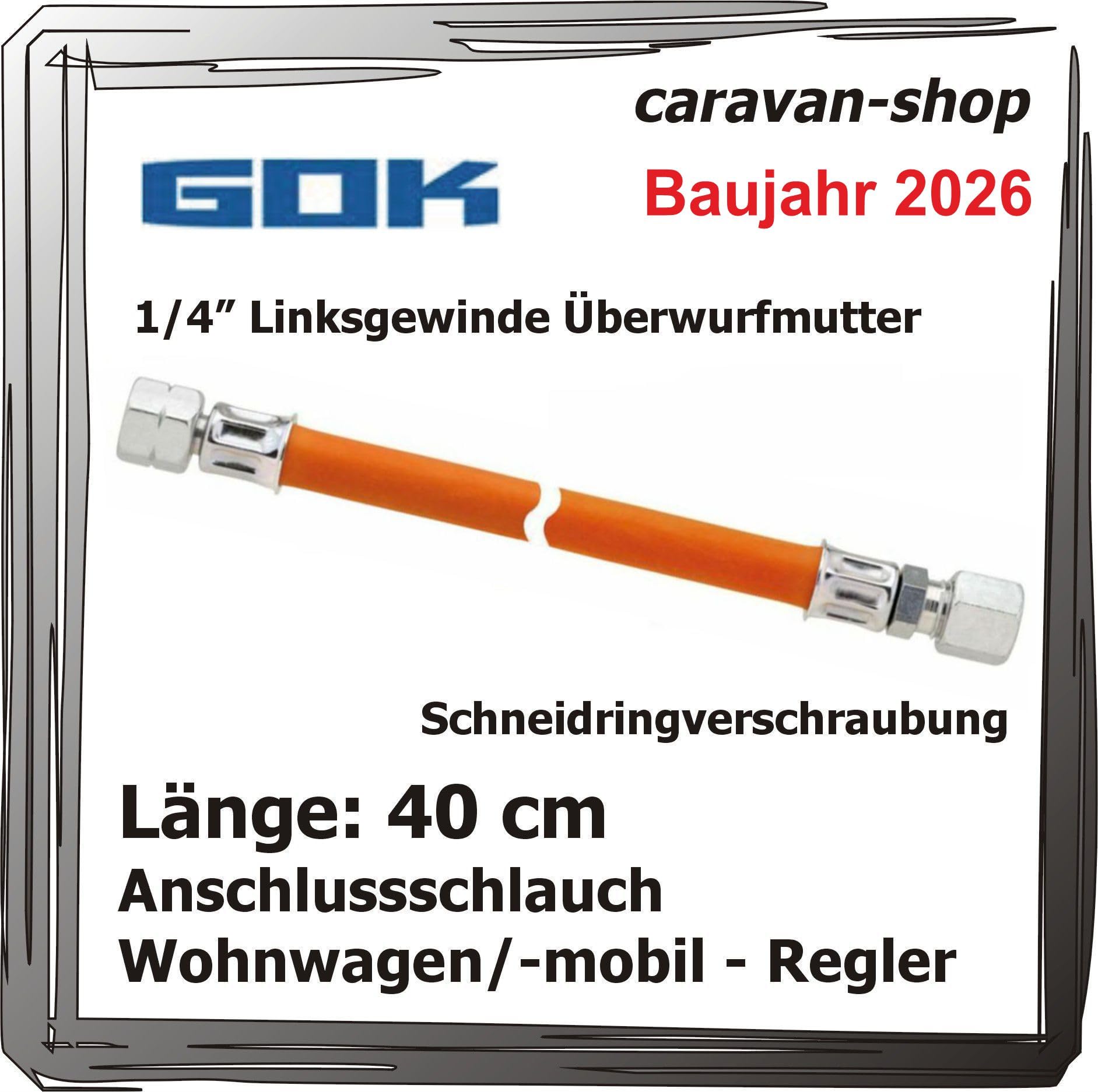 Druckminderer für Caravan Wohnmobil 30 mbar + Schlauch 40 cm, 10 mm Anschluss Gasrohr 10 mm