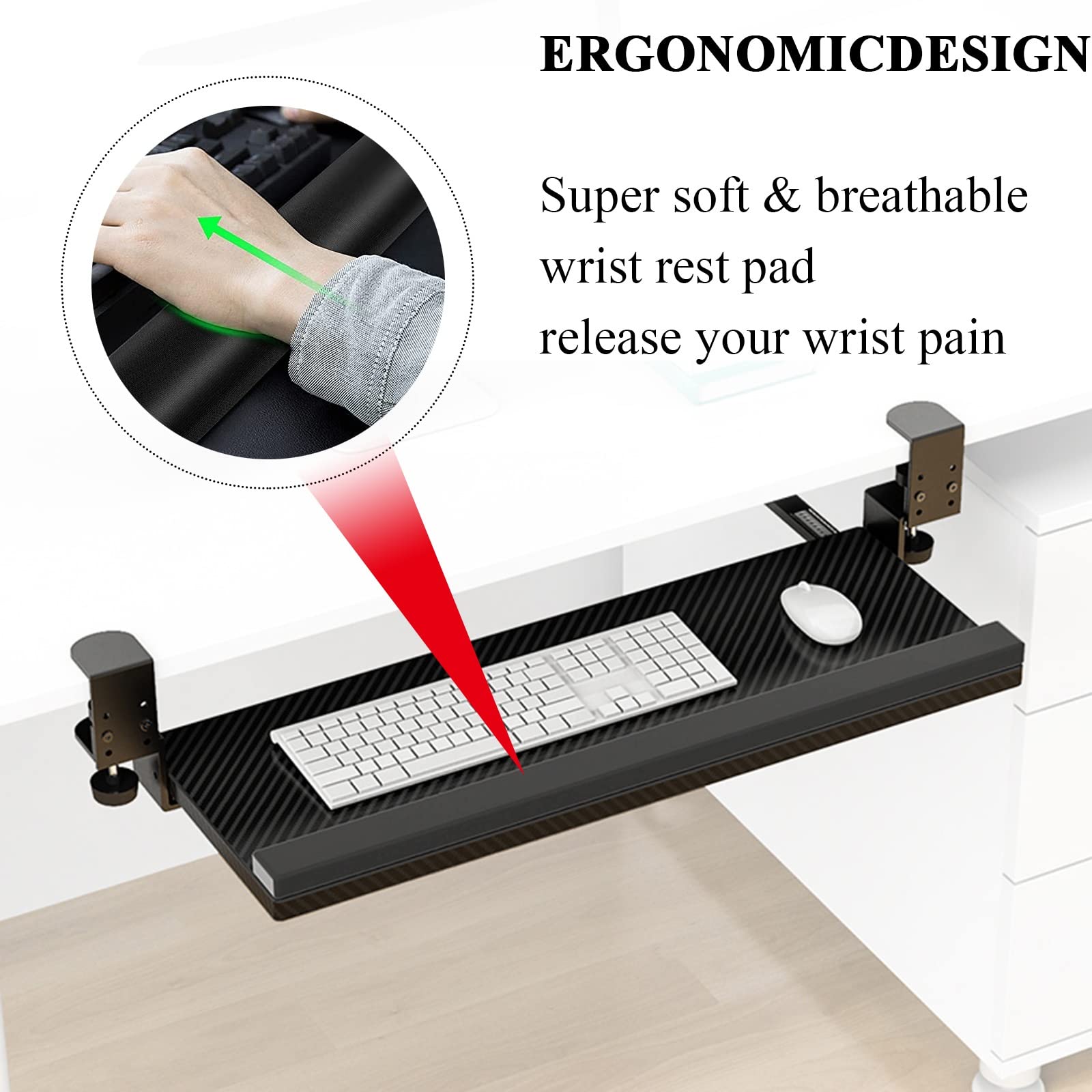 Ergonomische Tastaturablage unter dem Schreibtisch mit Handgelenkauflage, kein Bohren, ausziehbare Tastaturschublade, 75 x 24 cm, Schwarz