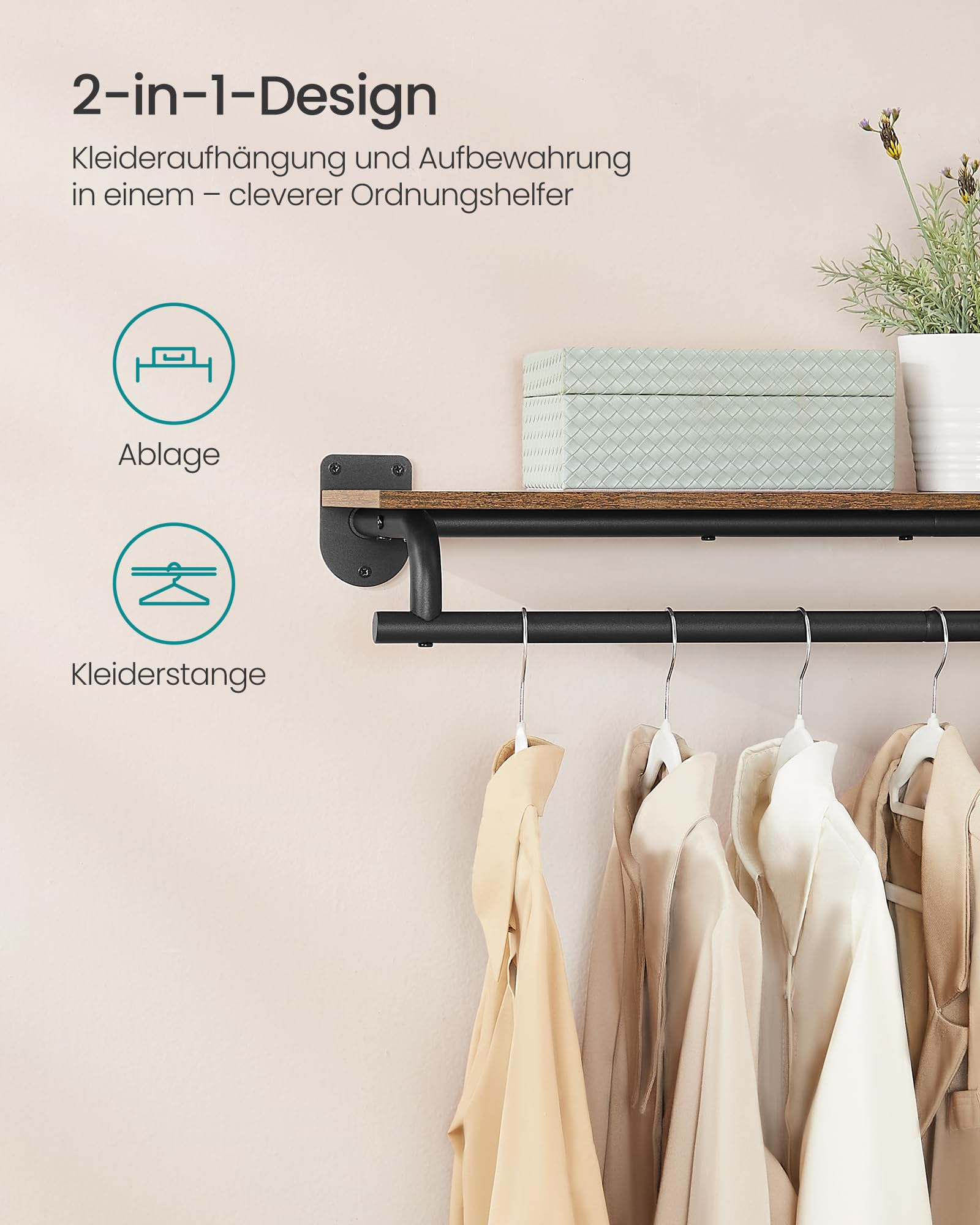 SONGMICS Wandgarderobe, Garderobe, Wandregal mit Kleiderstange, Gesamtbelastbarkeit 35 kg, 28 x 109 x 13,2 cm, für Schlafzimmer, Ankleidezimmer, vintagebraun-tintenschwarz HSR135B01
