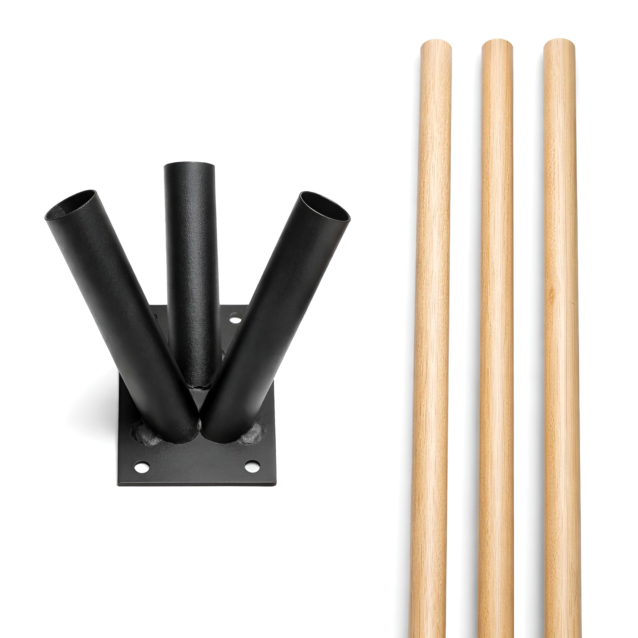 SolaDirect Triple Flag Pole Bracket Wall Mount with 3 x 120 cm - 47 Inch Wooden Poles - Black Powder Coated Steel 3 Tube Holder for House Front, Garden, Porch or Balcony - 4 Hole Fixing Plate