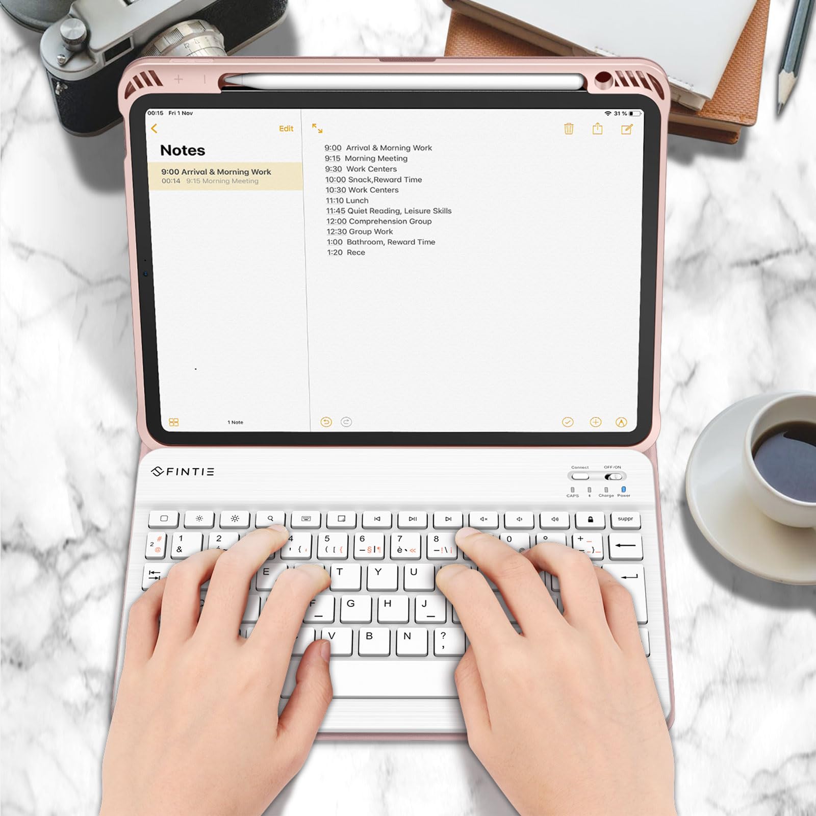 FINTIE Clavier pour iPad Air 11 Pouces M4/M3/M2 (2026/2025/2024) et iPad Air 5/4 10.9” (2022/2020), Clavier AZERTY sans Fil, Housse Multipositions avec Rangement de Stylet, Rose