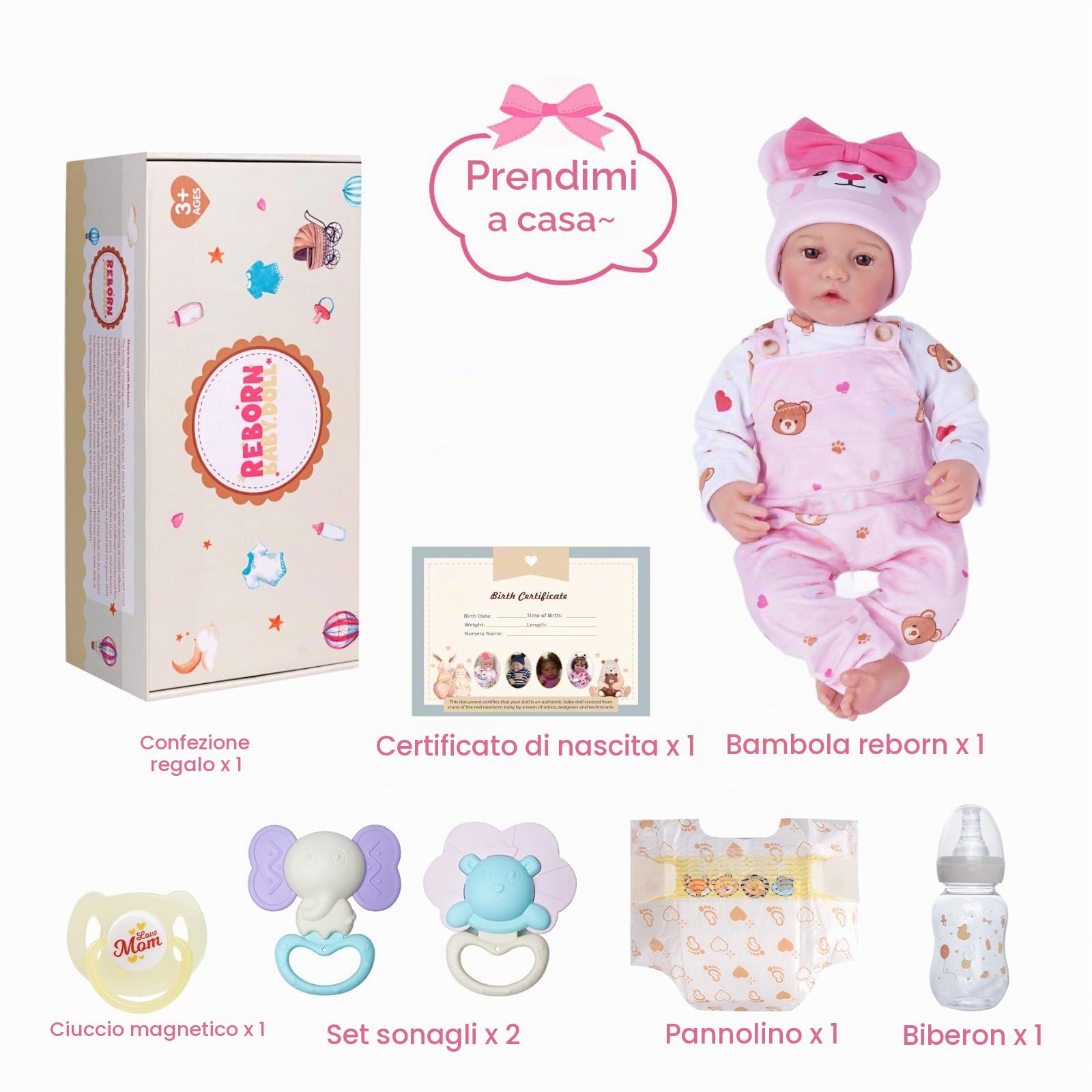 BABESIDE Bambole Reborn Bambina - 17 pollici Carina Reborn Femmina con Corpo in Stoffa, Bambola Neonata Realistica con Outfit Affascinante e Accessori Completi, Regalo per Bambini di Età 3+