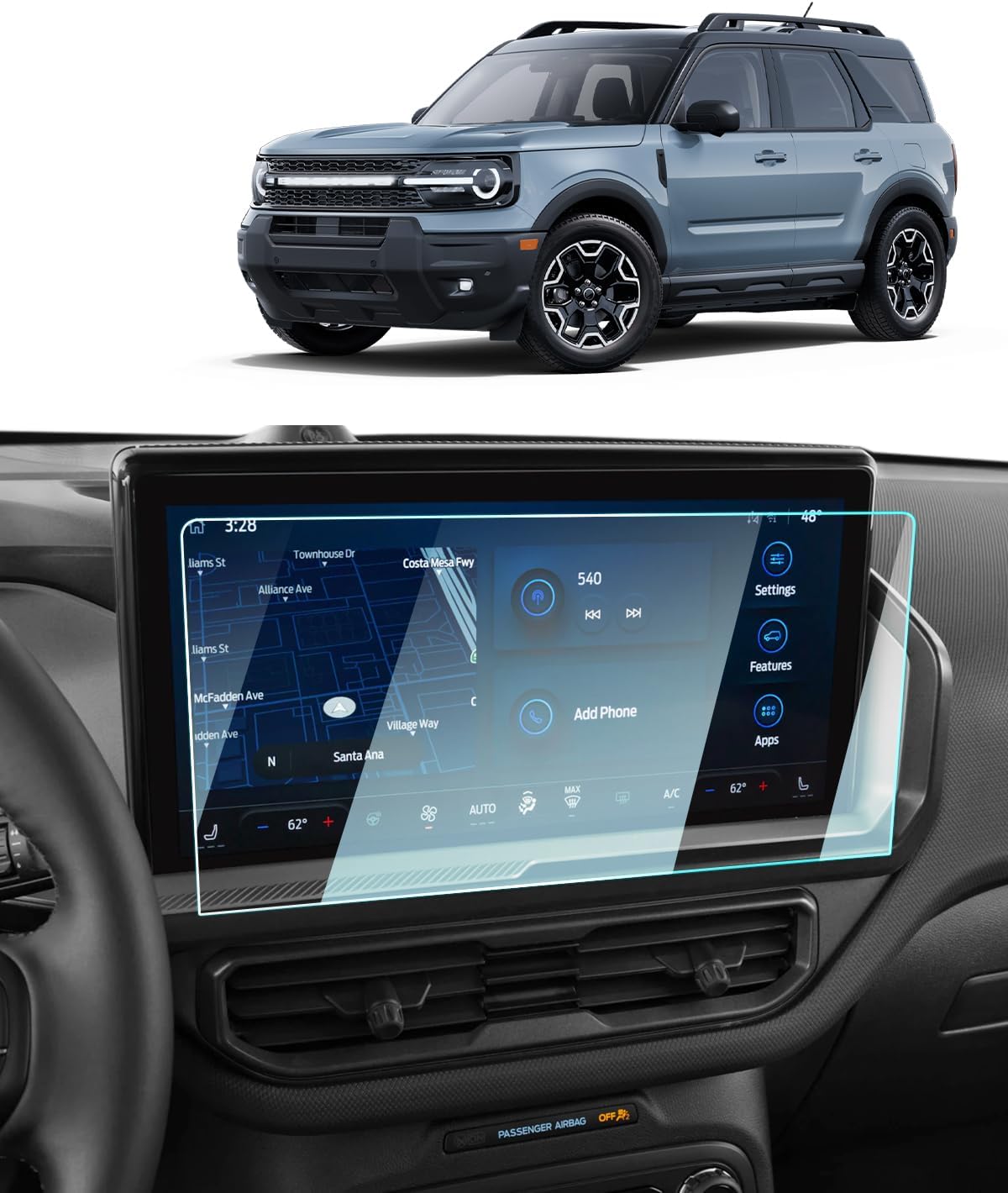 2025 Ford Bronco Sport Screen Protector -For Bronco Sport (Big Bend/Heritage/Free Wheeling/Outer Banks/Badlands) 13.2Inch Touchscreen, 2025 Bronco Sport Accessories 9H Tempered Glass Anti-Fingerprints