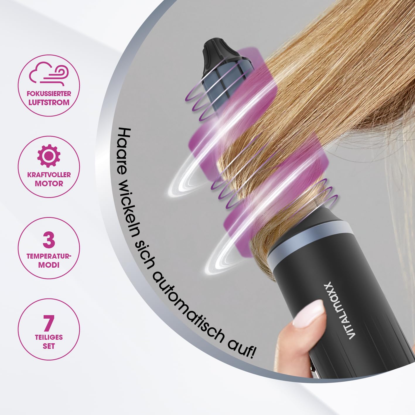 VITALmaxx Air Curler Plus 6-in-1 | Innovative Luftstrom-Technik | Multi-Styler mit Lockendreher, Haartrockner, Streichbürste & Diffusor - Trocknen, Stylen, Locken kreieren | 1500W [Schwarz]
