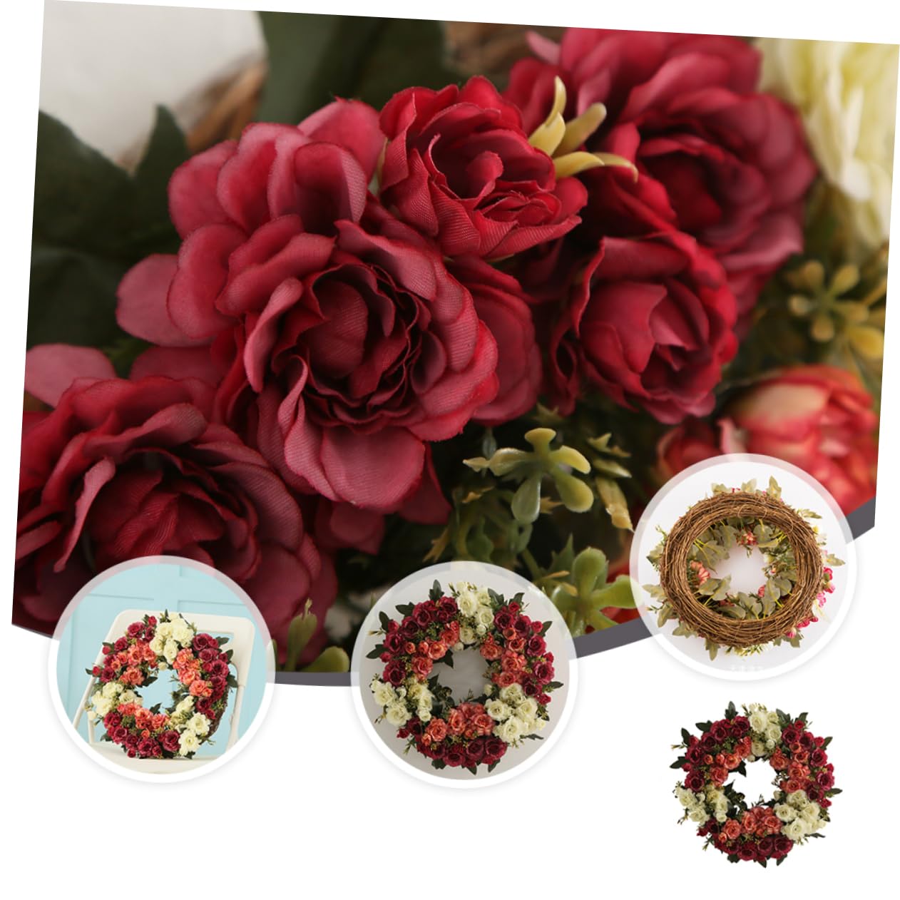 Künstlicher Rosenkranz, Dekorative Girlande für Tür und Wand | Rattan und Spun Silk, Selbstgemacht und Weihnachtsdeko, Blumenkranz mit Rosen Dekor