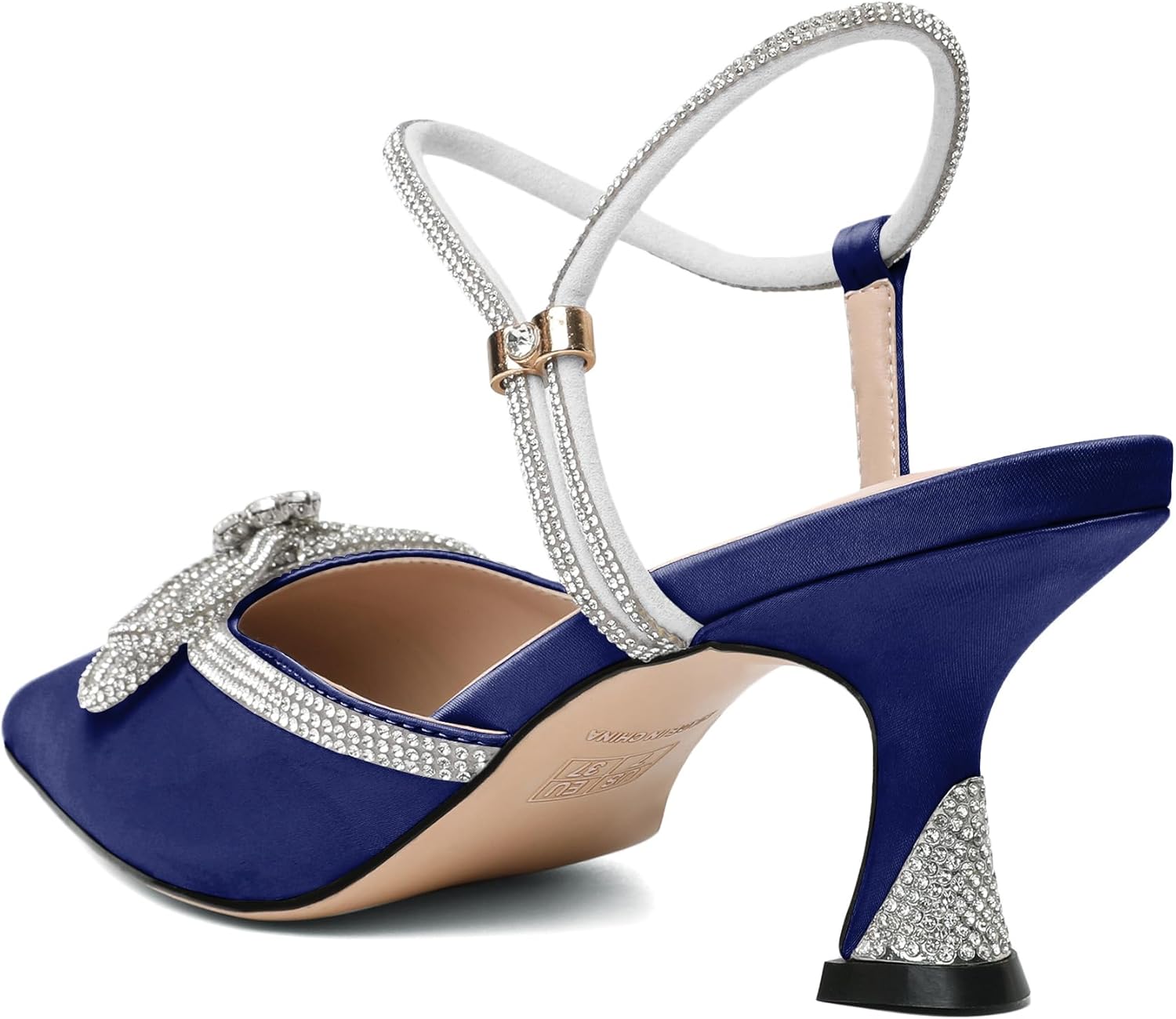 Joseywade Rhinestone Bow Heels Women Pointed Toe Low Heel Pumps Adjustable Ankle Strap Wedding Bridal Party Shoes