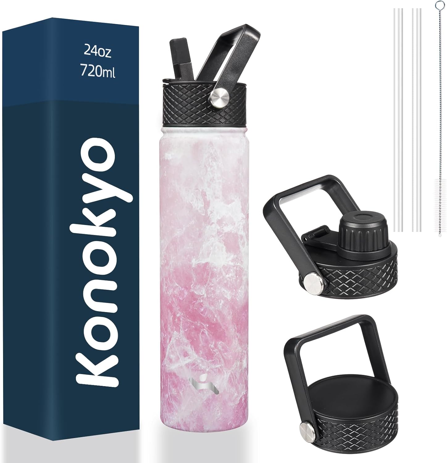 Insulated Water Bottle 24oz Stainless Steel Sport Bottles with 3 Lids,Marble Blossom