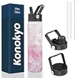Insulated Water Bottle 24oz Stainless Steel Sport Bottles with 3 Lids,Marble Blossom