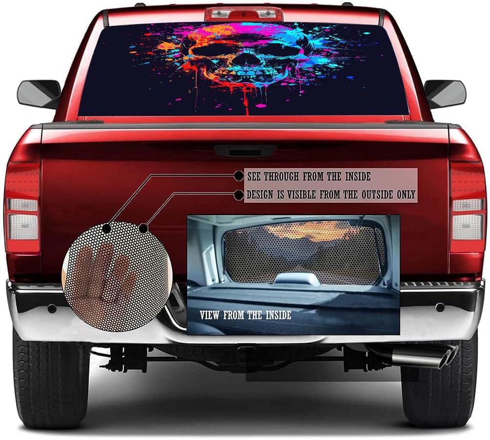 Modern Skull Rear Window Decal Wrap Graphic, Horror Colourful Skeleton Graffiti Vinyl Window Film Truck Back Window Decals,Pickup Trucks Back Window Stickers 66 x 22 inch